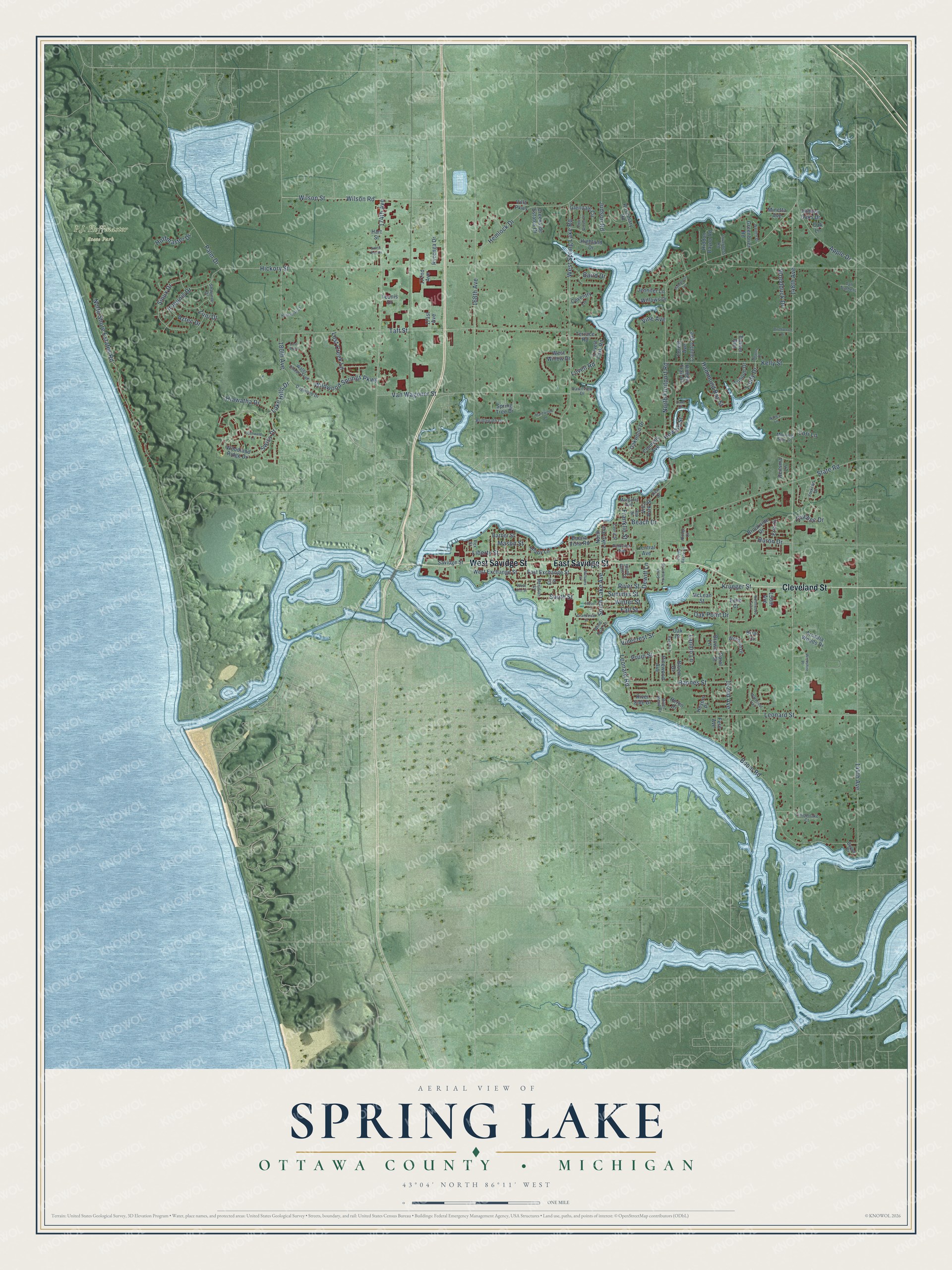 Full map of Spring Lake, Michigan, with red buildings, printed street names and the land around them