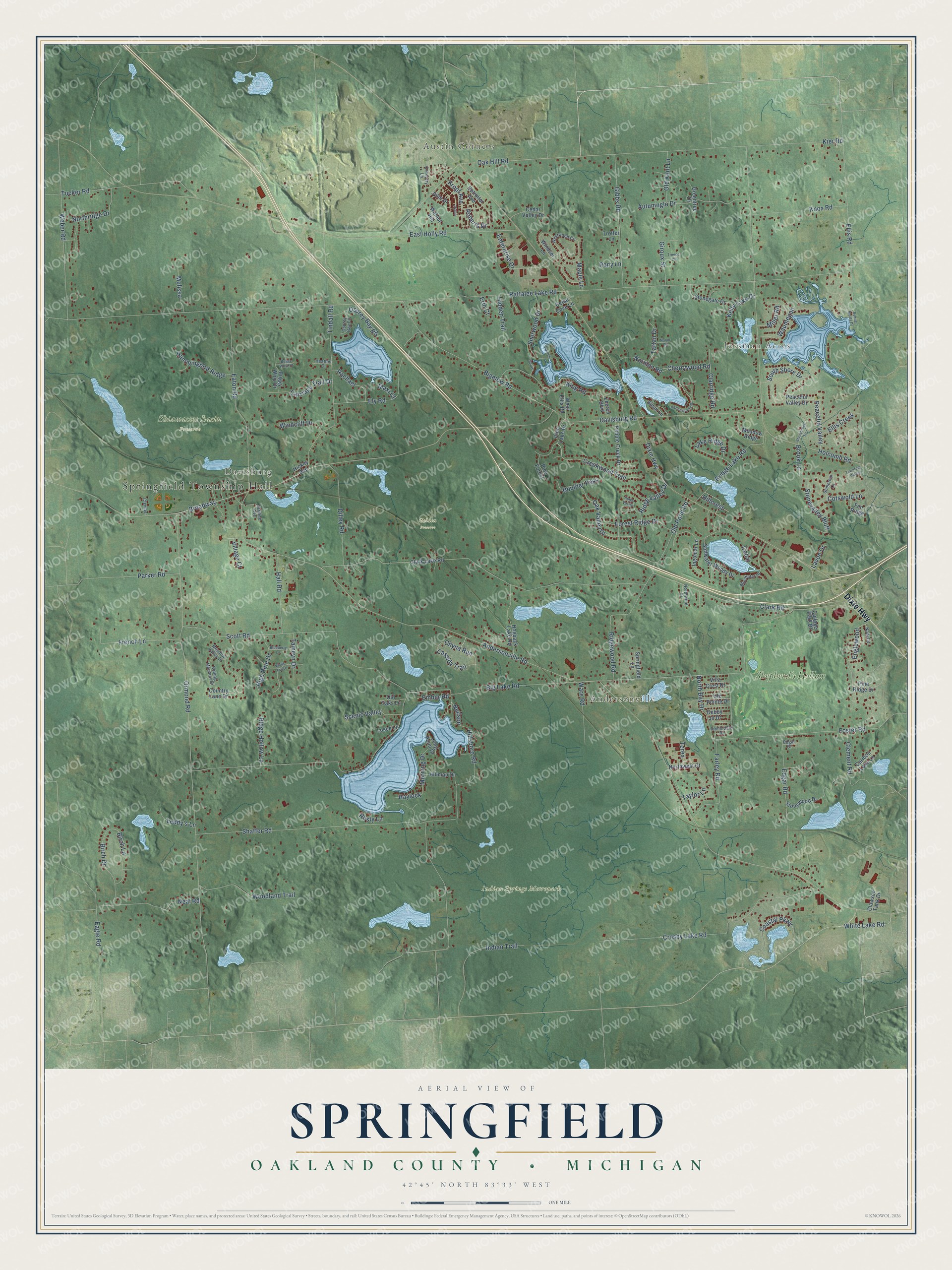 Full map of Springfield, Michigan, with red buildings, printed street names and the land around them
