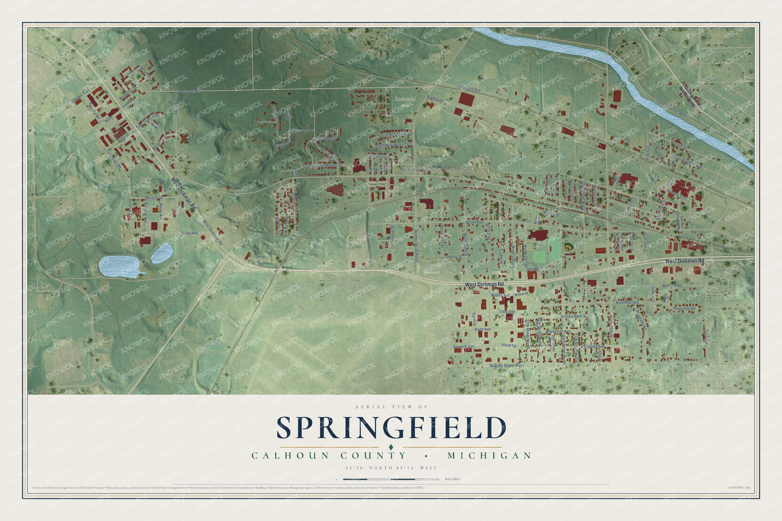 Full map of Springfield, Michigan, with red buildings, printed street names and the land around them