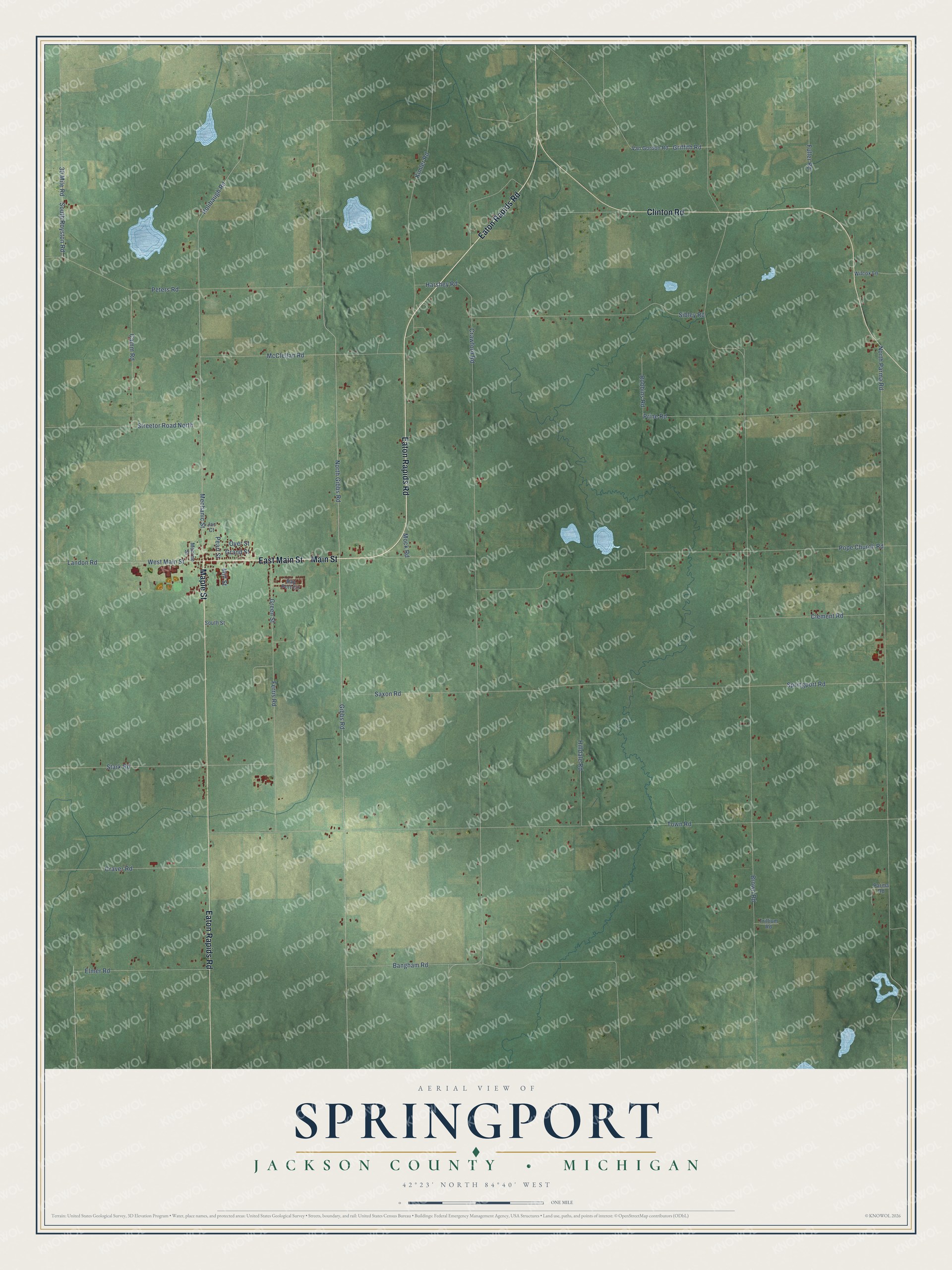 Full map of Springport, Michigan, with red buildings, printed street names and the land around them