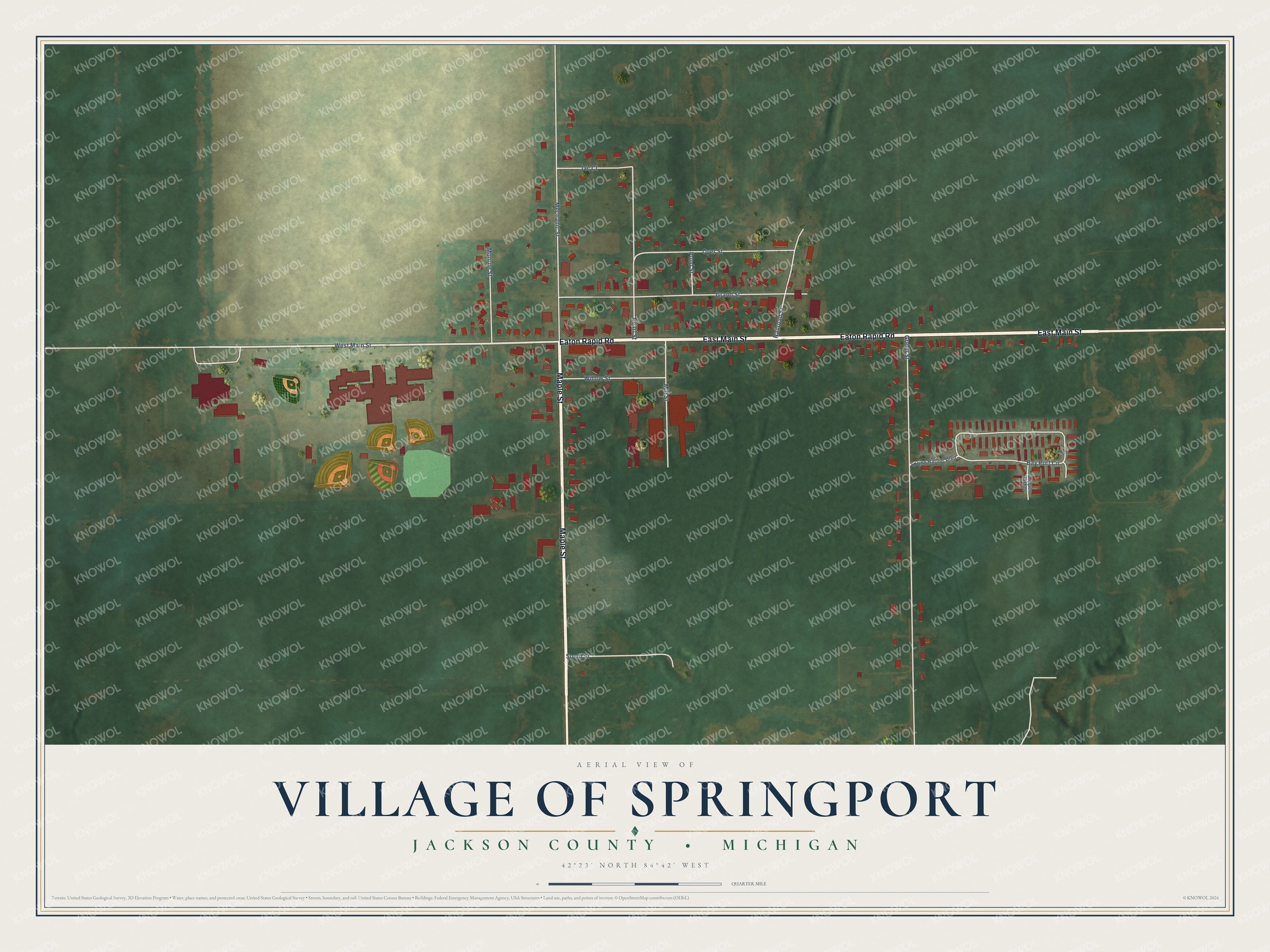 Full map of Springport, Michigan, with red buildings, printed street names and the land around them