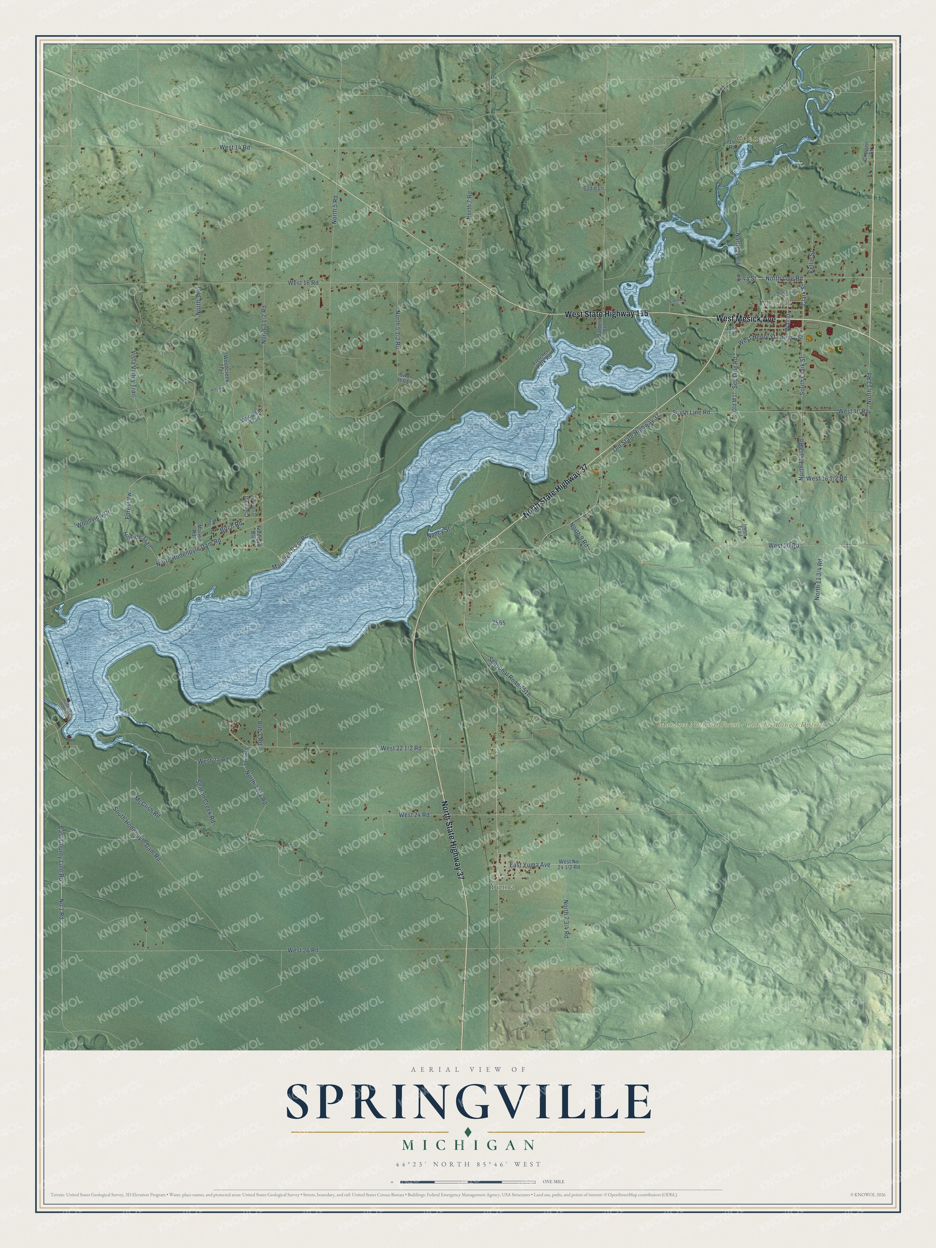 Full map of Springville, Michigan, with red buildings, printed street names and the land around them