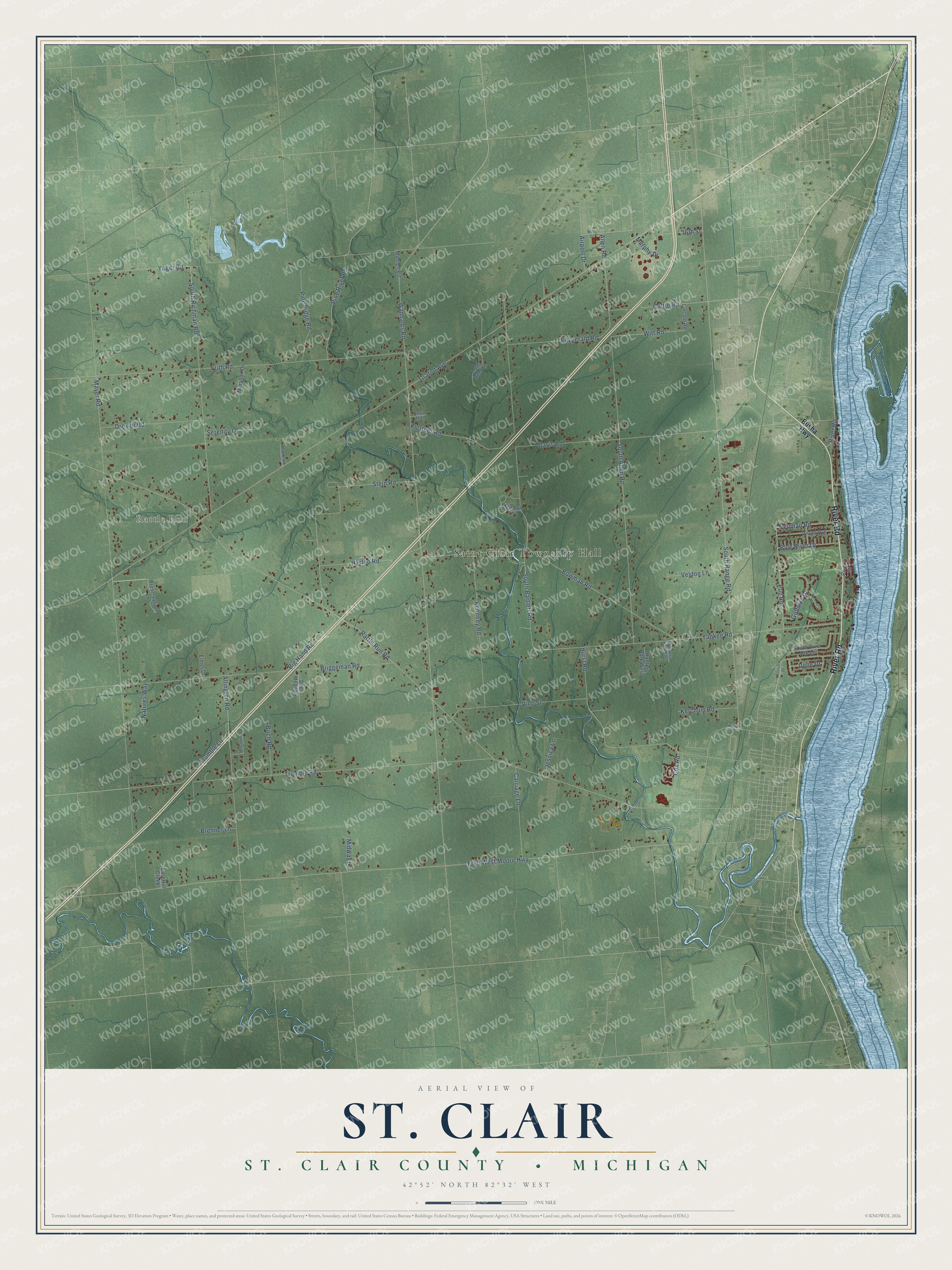 Full map of St. Clair, Michigan, with red buildings, printed street names and the land around them