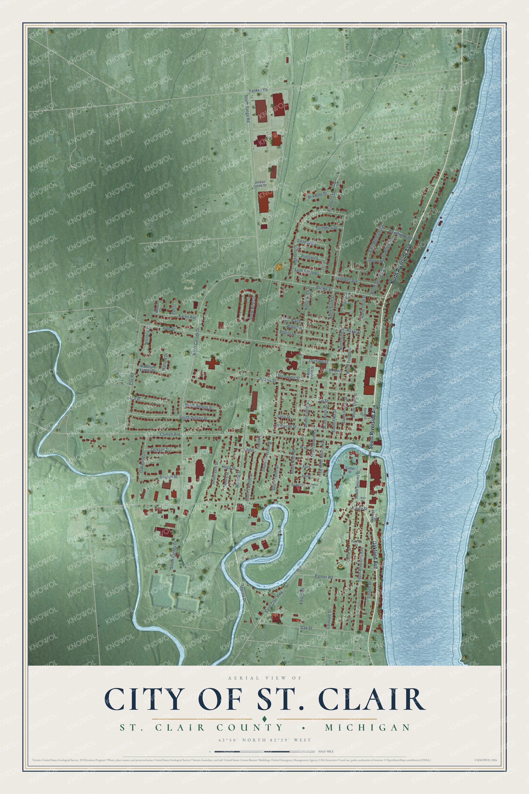 Full map of St. Clair, Michigan, with red buildings, printed street names and the land around them