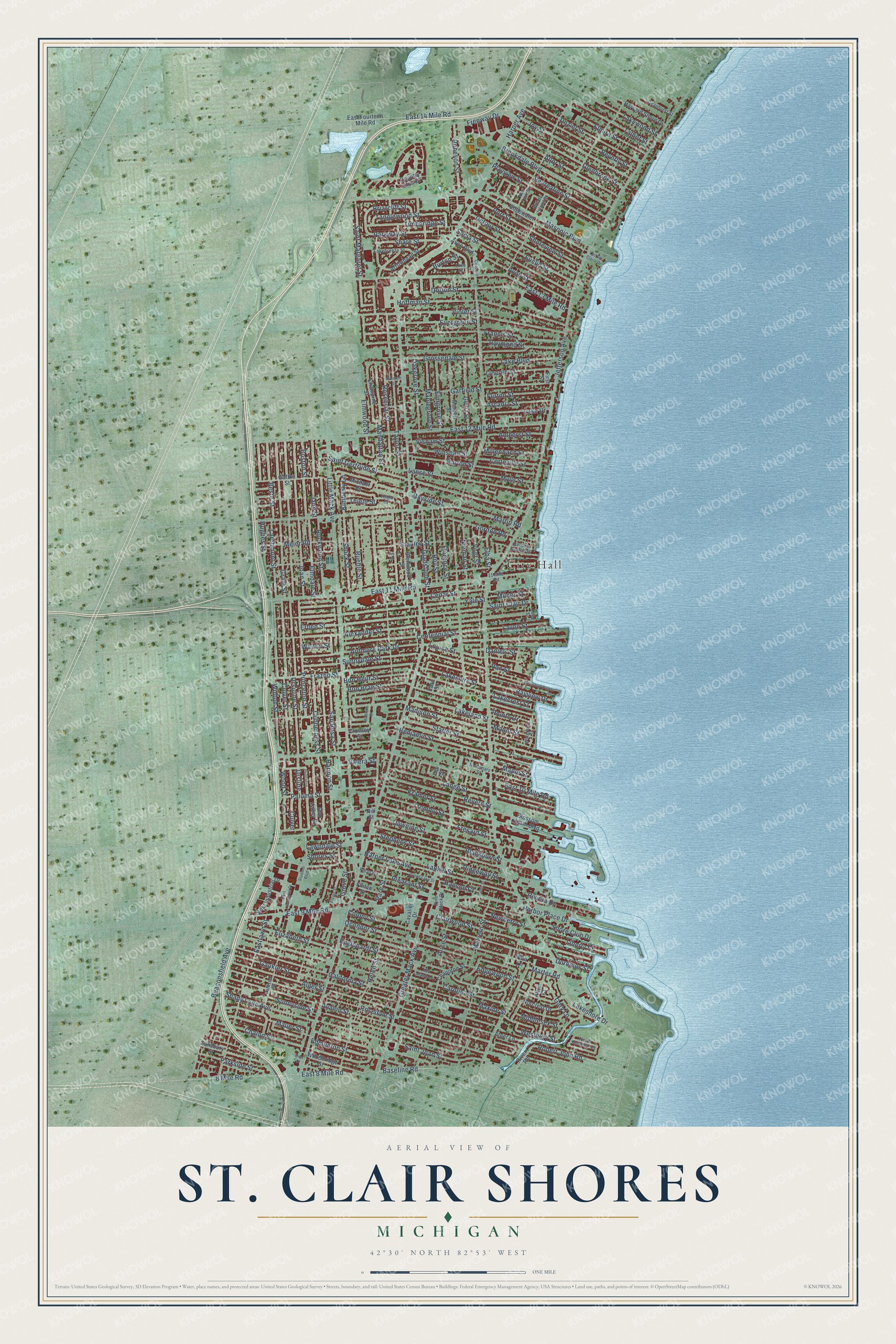 Full map of St. Clair Shores, Michigan, with red buildings, printed street names and the land around them