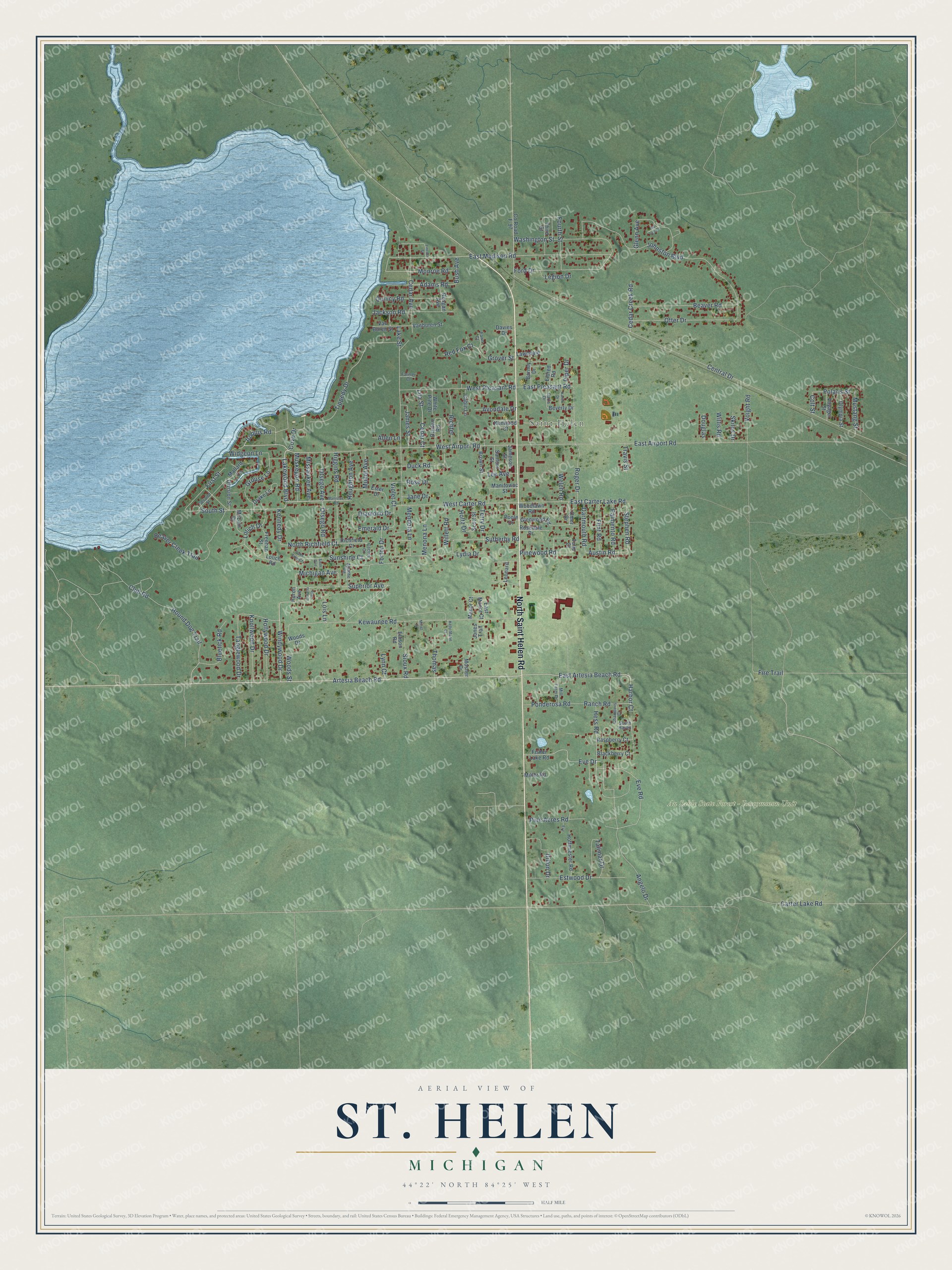 Full map of St. Helen, Michigan, with red buildings, printed street names and the land around them