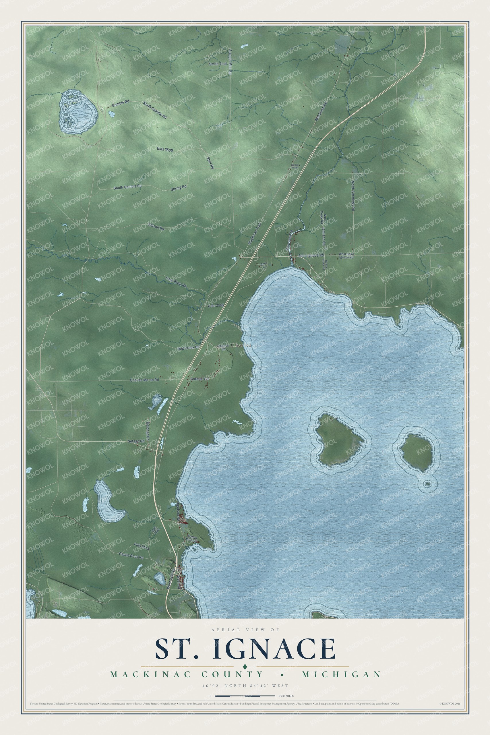 Full map of St. Ignace, Michigan, with red buildings, printed street names and the land around them