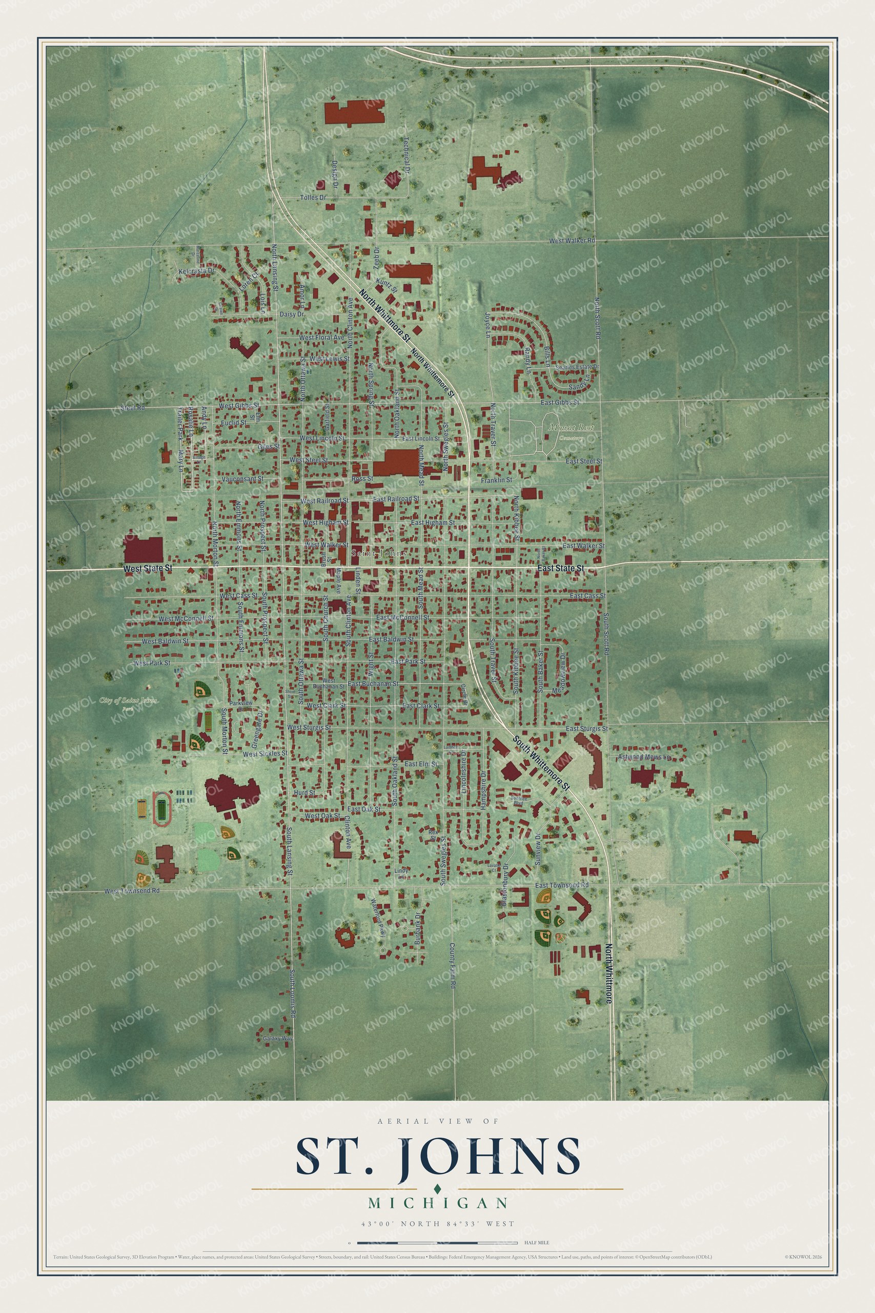 Full map of St. Johns, Michigan, with red buildings, printed street names and the land around them