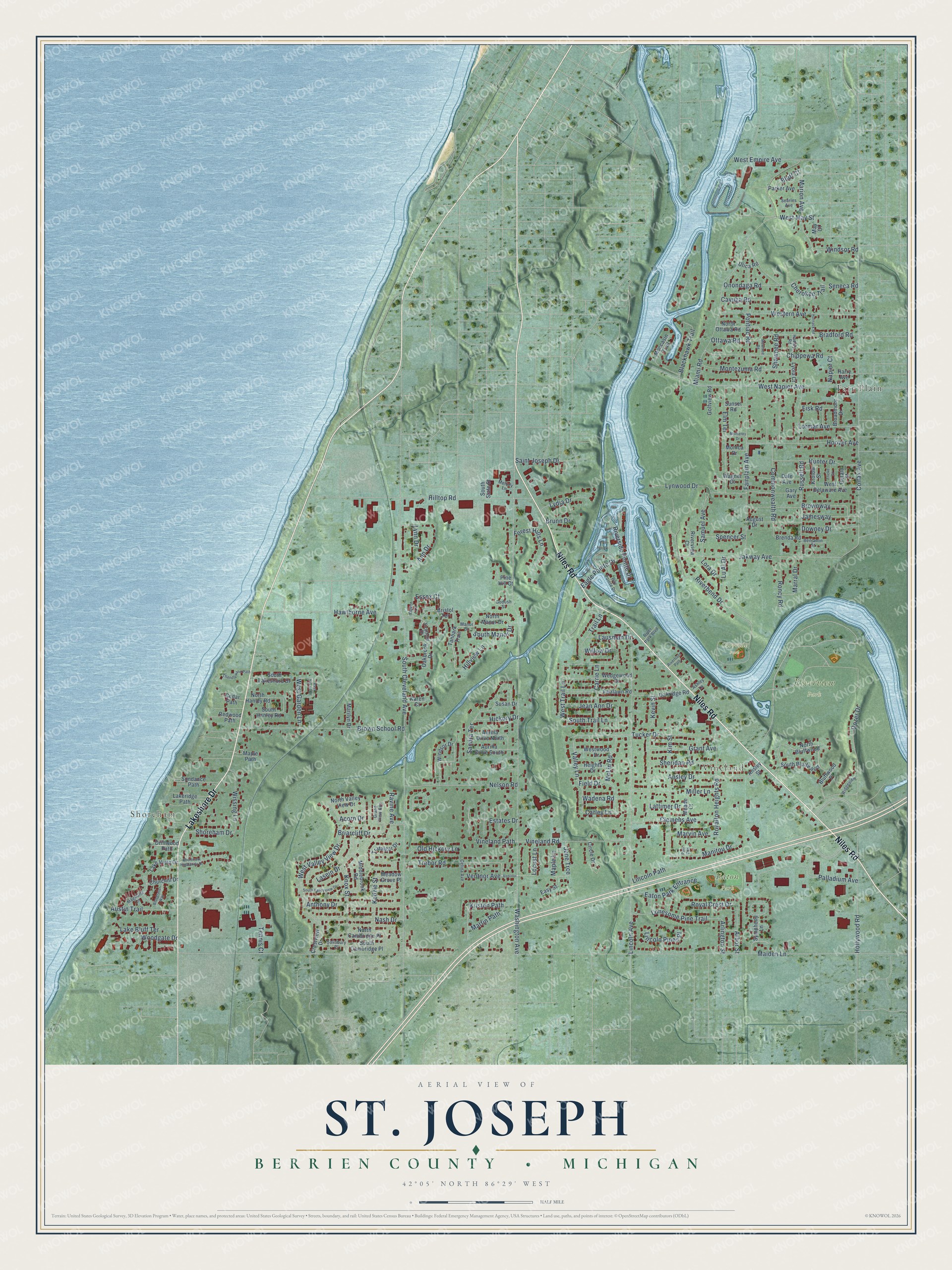 Full map of St. Joseph, Michigan, with red buildings, printed street names and the land around them