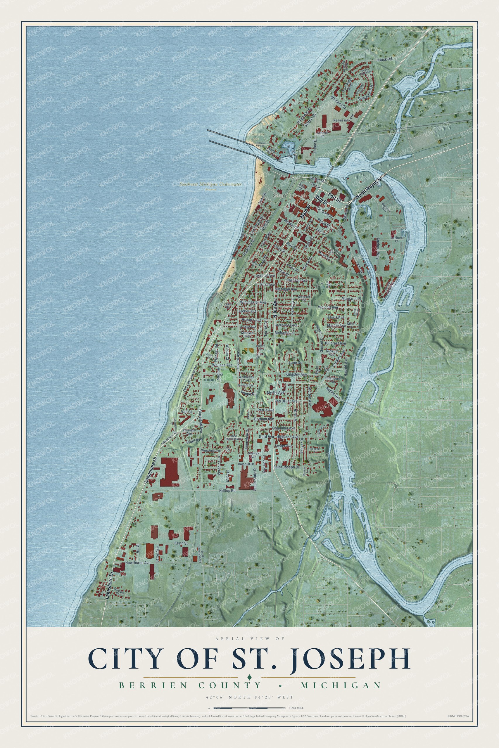 Full map of St. Joseph, Michigan, with red buildings, printed street names and the land around them