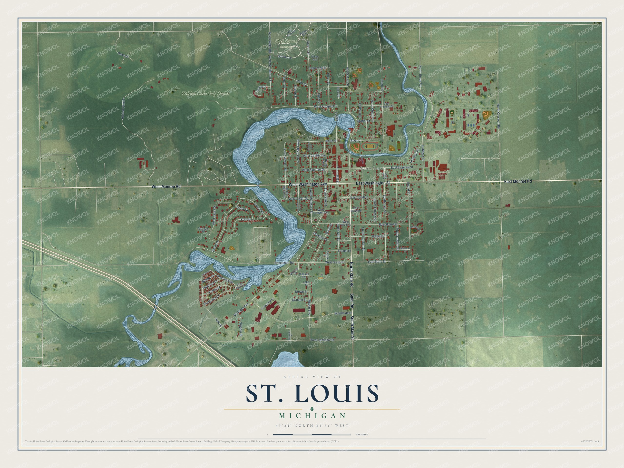 Full map of St. Louis, Michigan, with red buildings, printed street names and the land around them