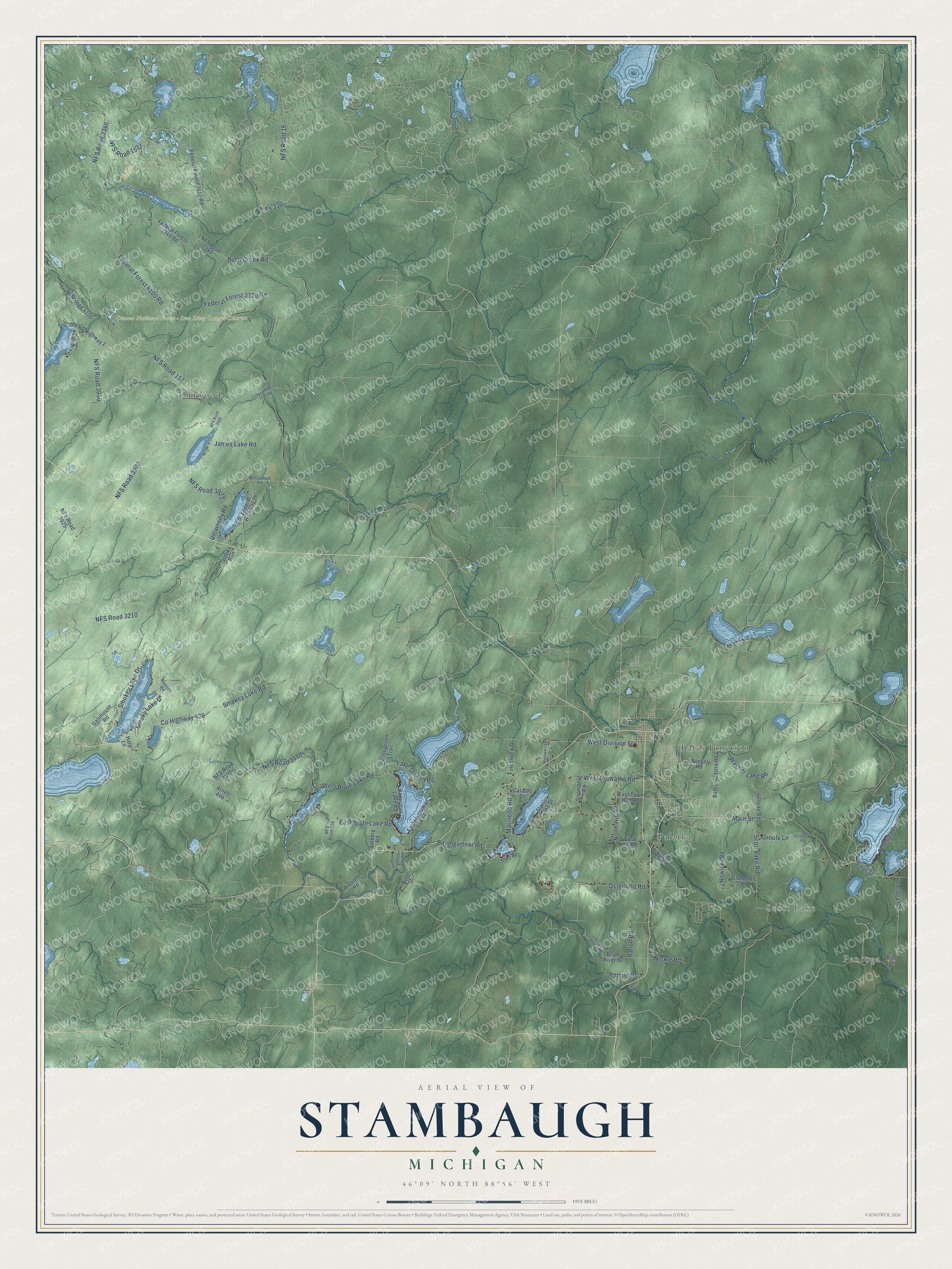 Full map of Stambaugh, Michigan, with red buildings, printed street names and the land around them