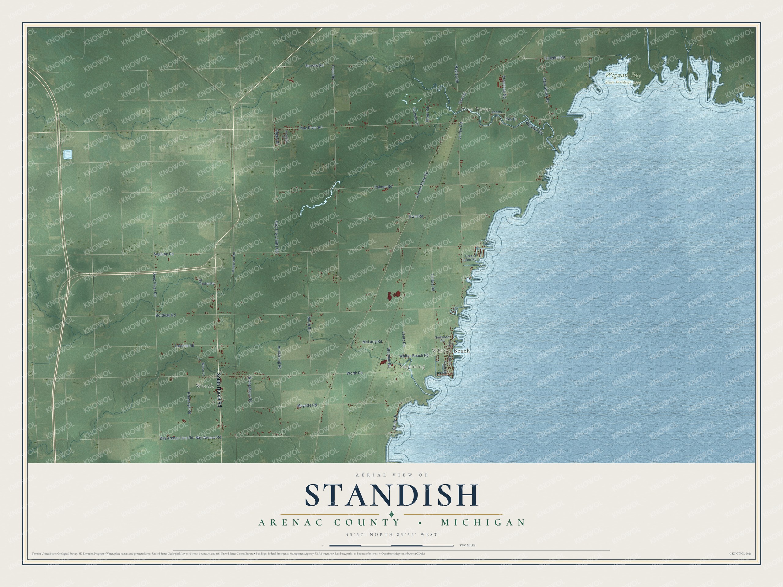 Full map of Standish, Michigan, with red buildings, printed street names and the land around them