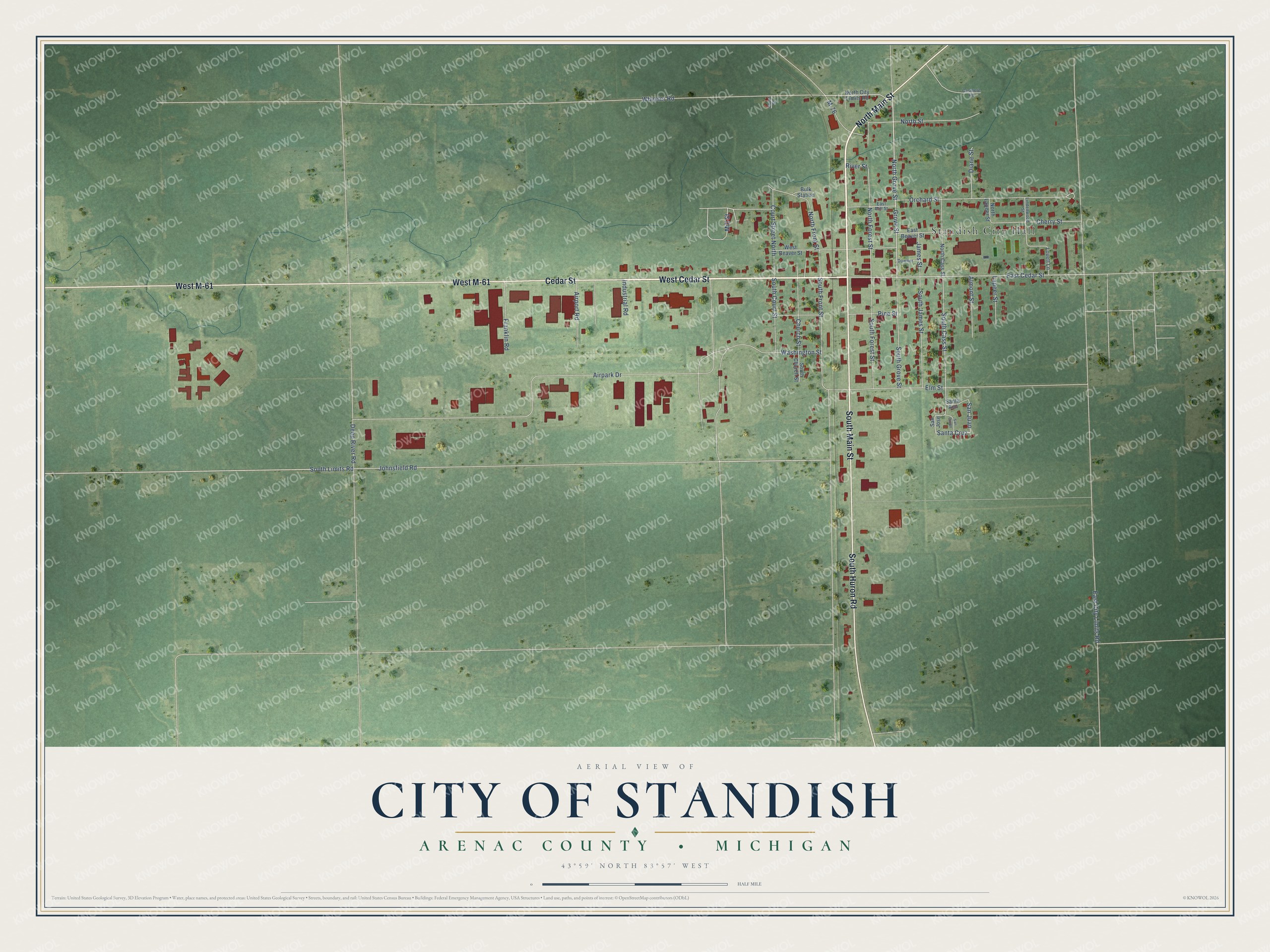 Full map of Standish, Michigan, with red buildings, printed street names and the land around them