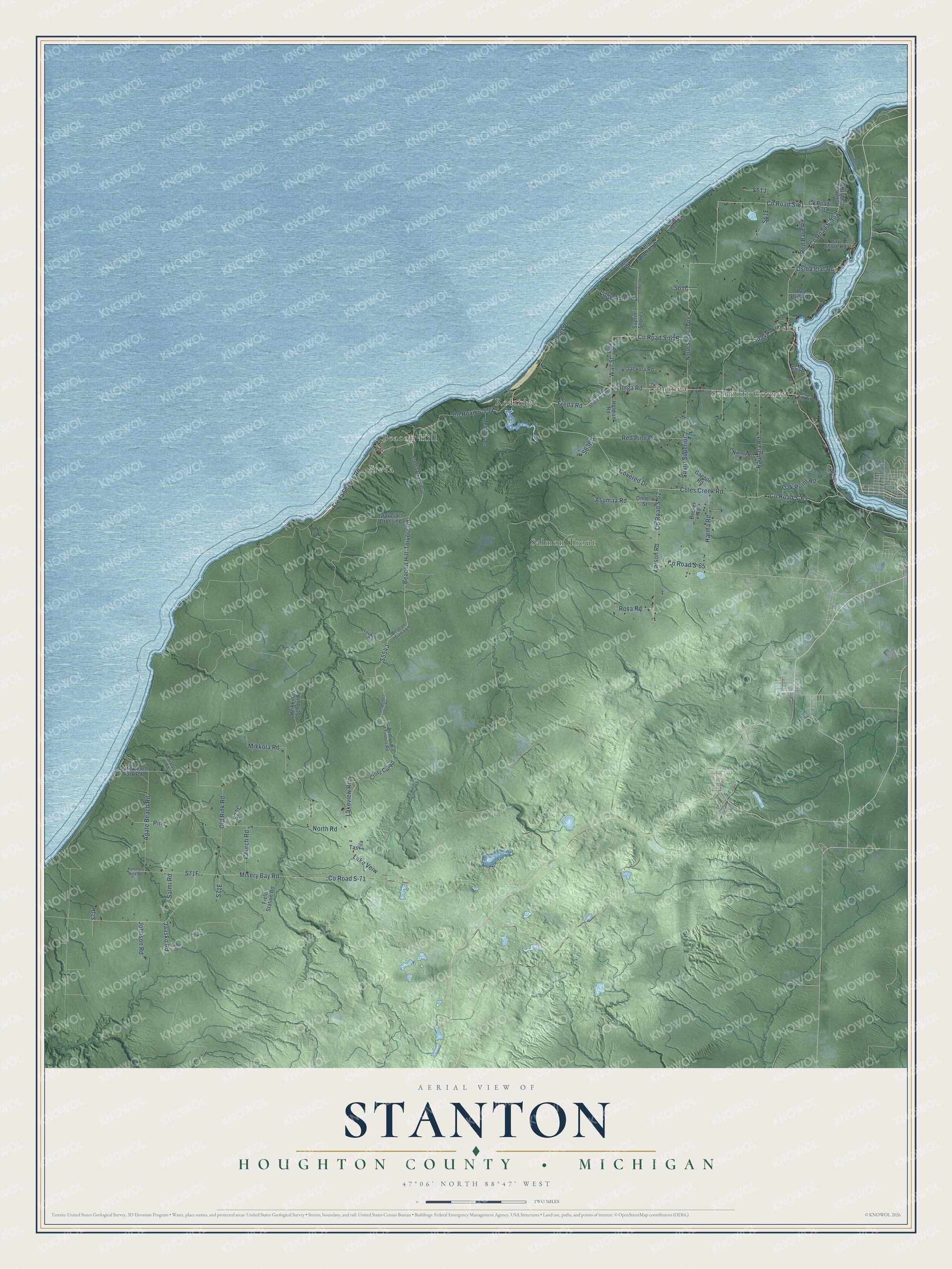 Full map of Stanton, Michigan, with red buildings, printed street names and the land around them
