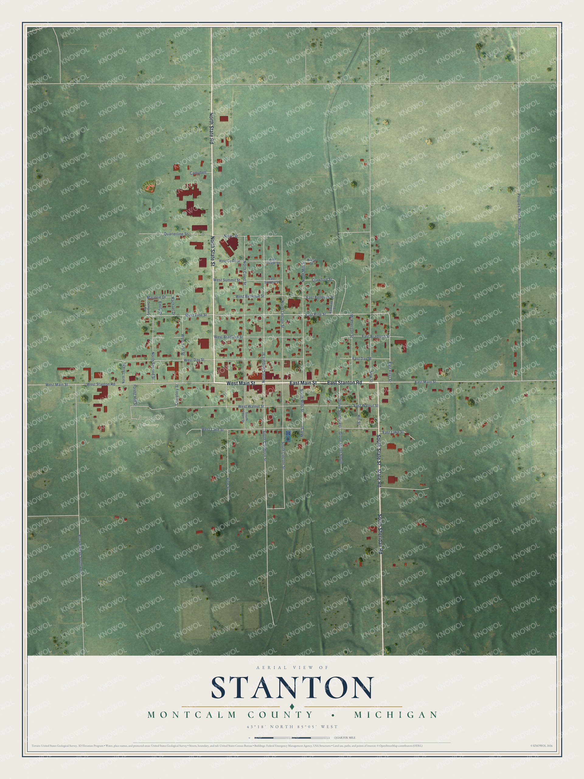 Full map of Stanton, Michigan, with red buildings, printed street names and the land around them