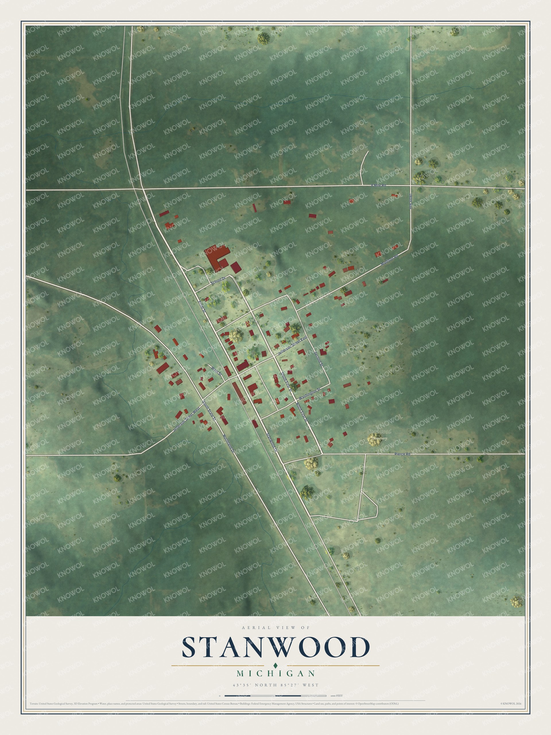 Full map of Stanwood, Michigan, with red buildings, printed street names and the land around them