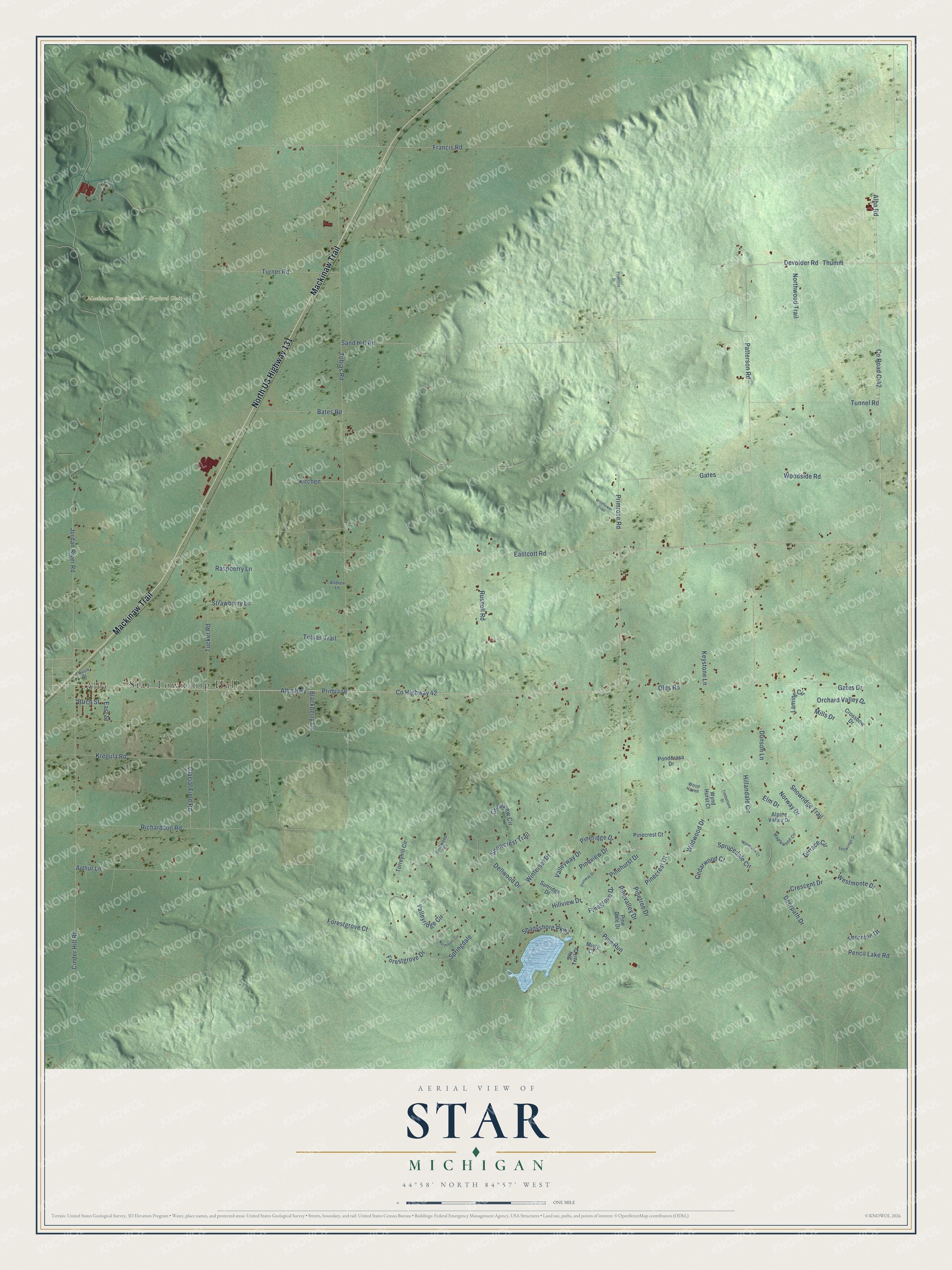 Full map of Star, Michigan, with red buildings, printed street names and the land around them