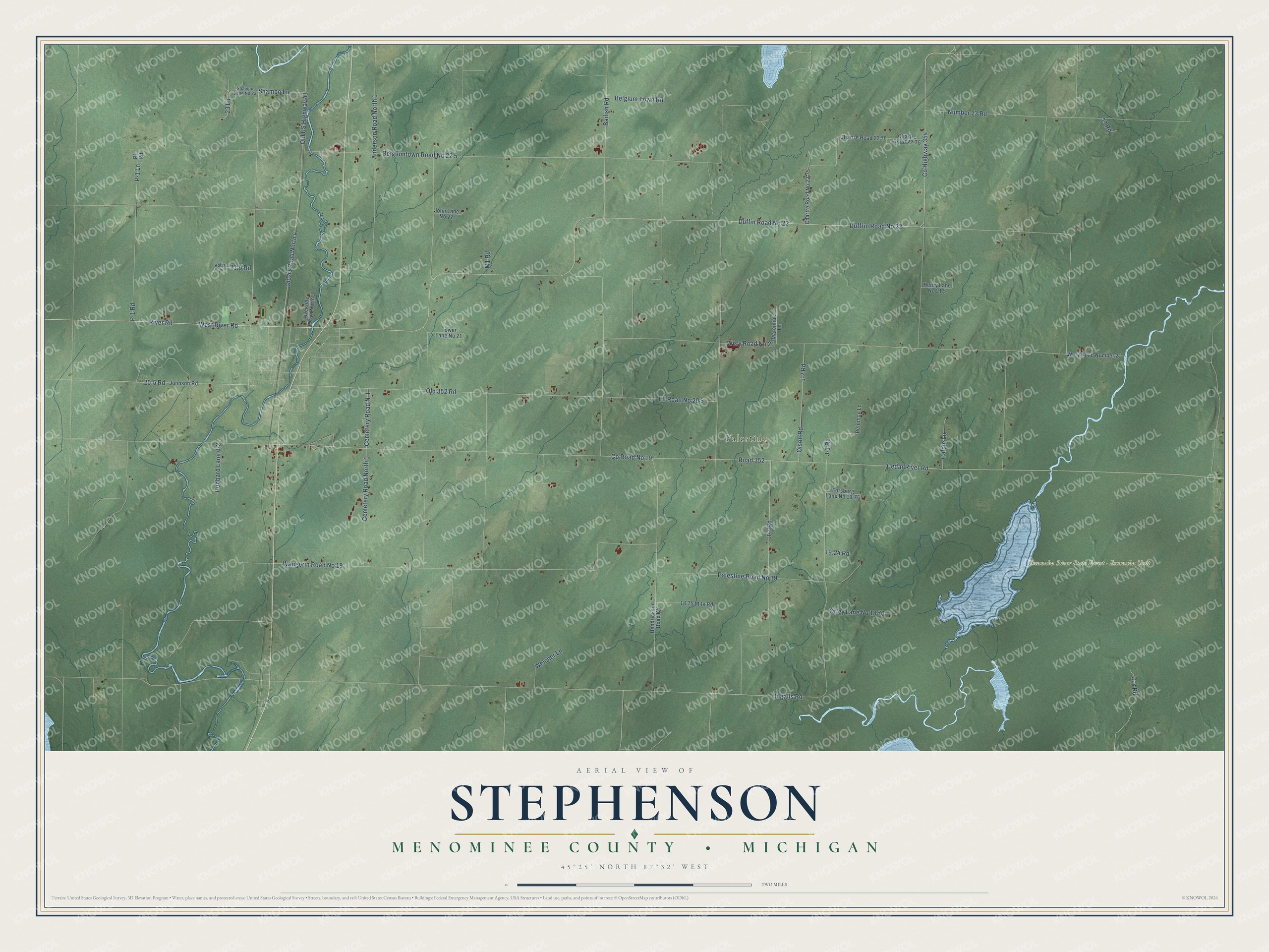 Full map of Stephenson, Michigan, with red buildings, printed street names and the land around them