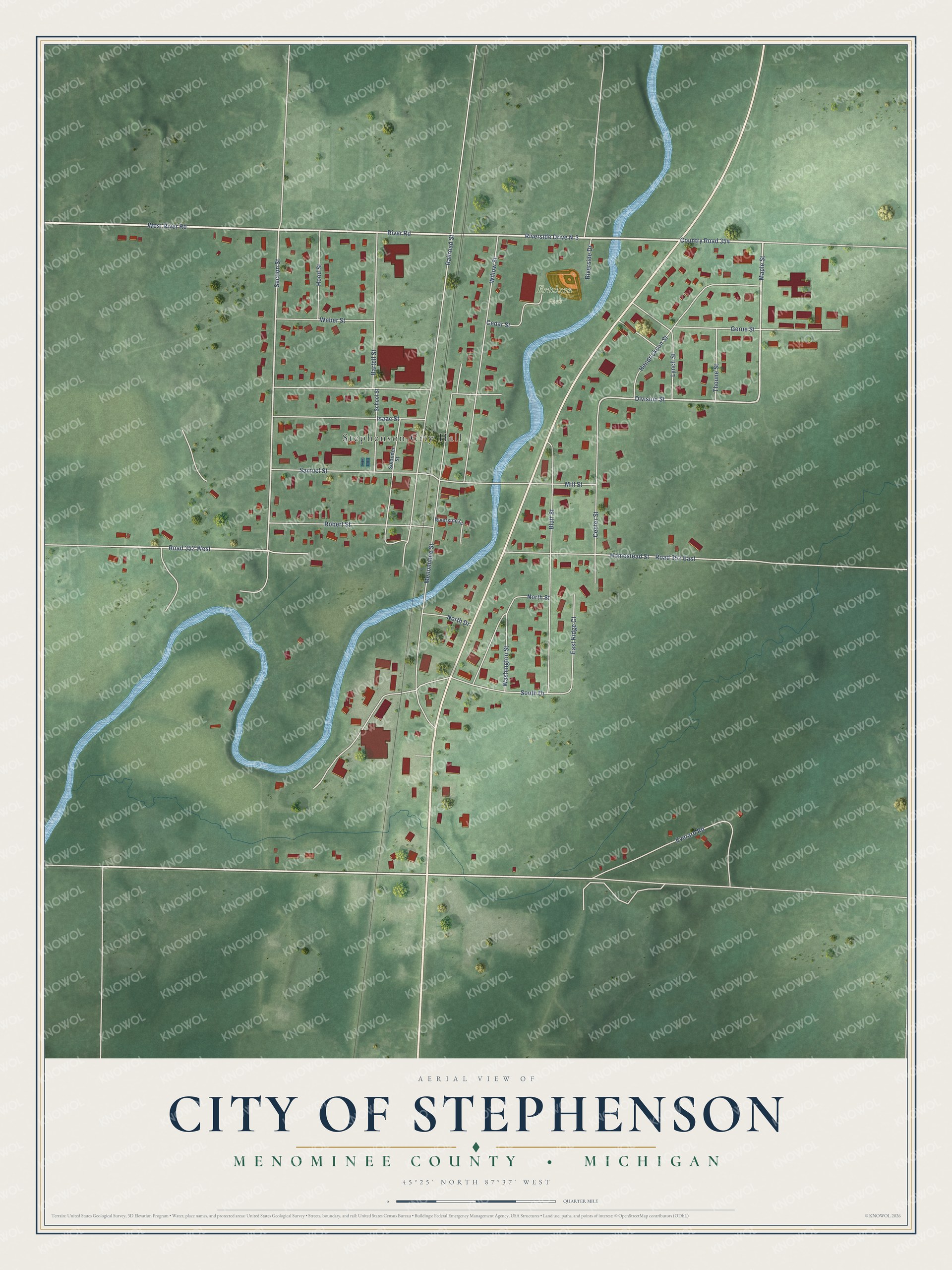 Full map of Stephenson, Michigan, with red buildings, printed street names and the land around them