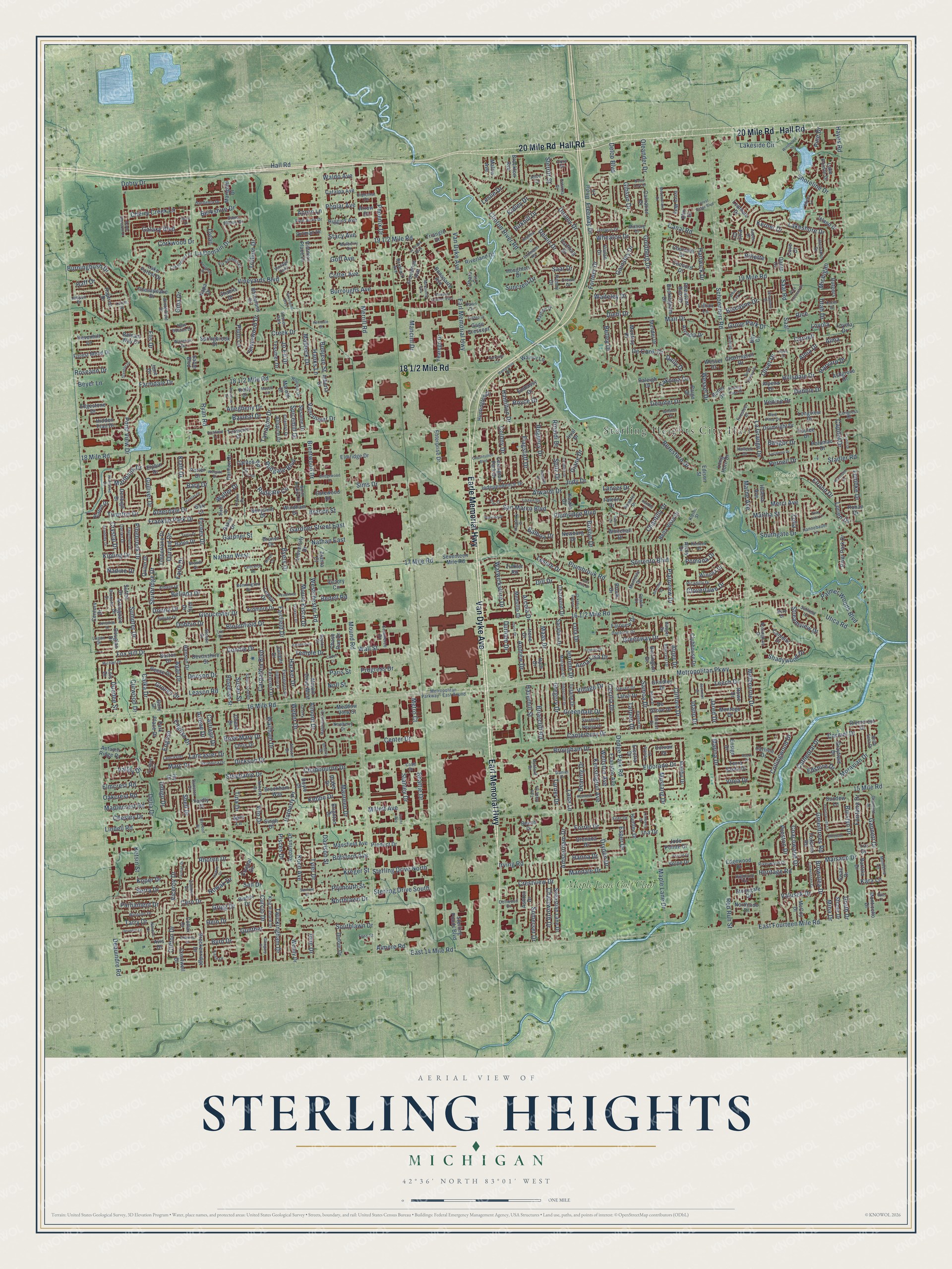 Full map of Sterling Heights, Michigan, with red buildings, printed street names and the land around them