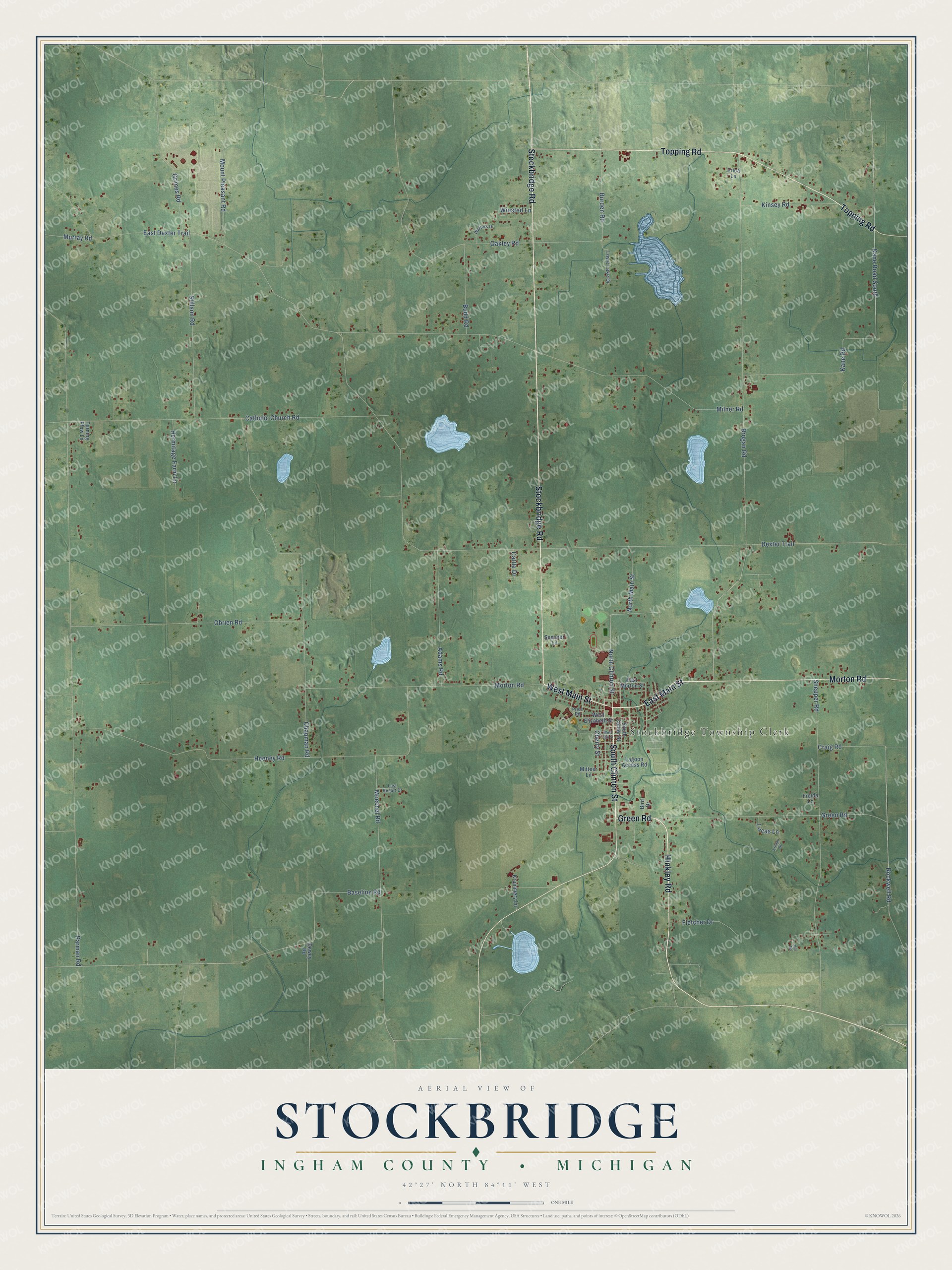 Full map of Stockbridge, Michigan, with red buildings, printed street names and the land around them