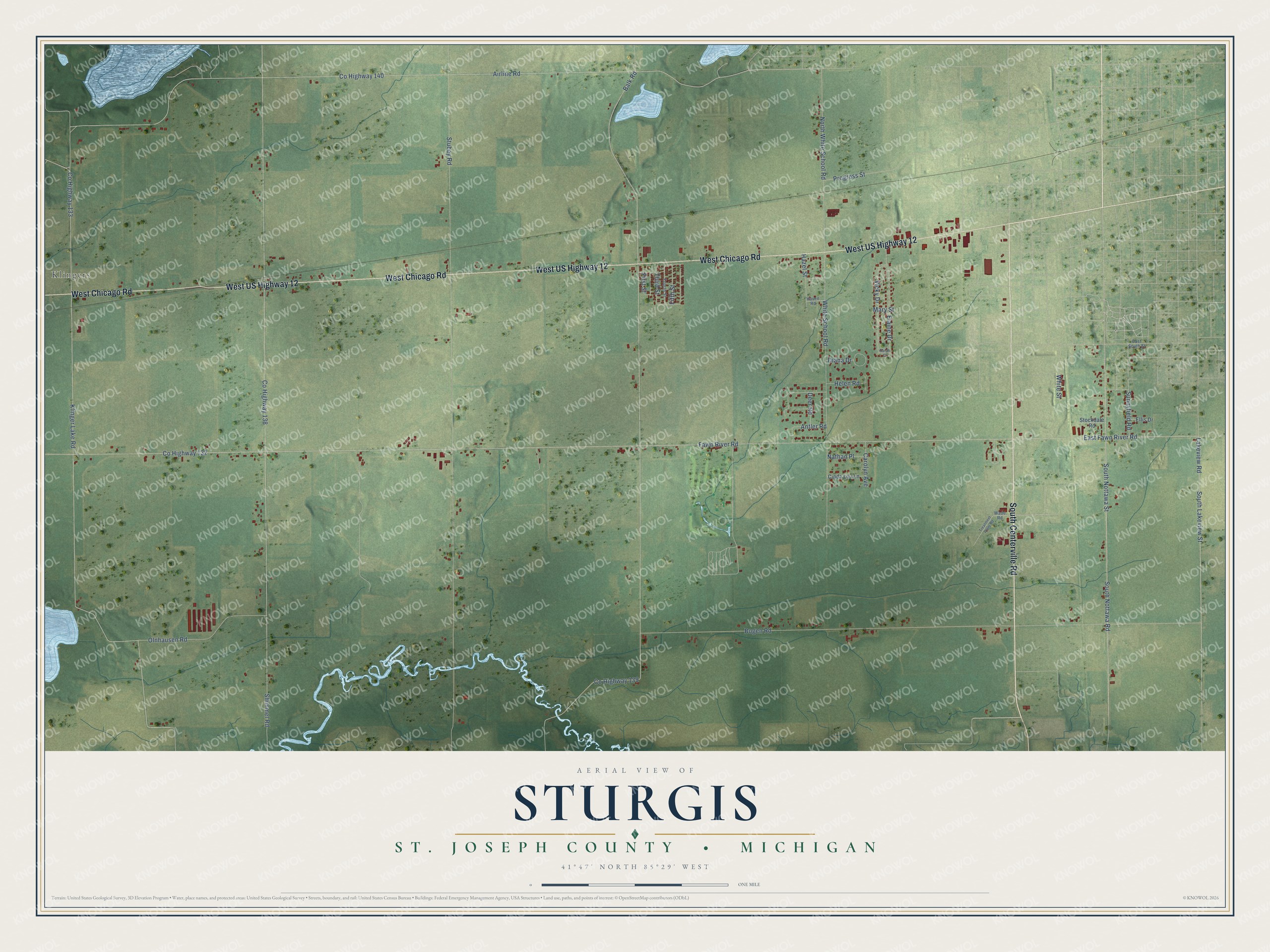 Full map of Sturgis, Michigan, with red buildings, printed street names and the land around them
