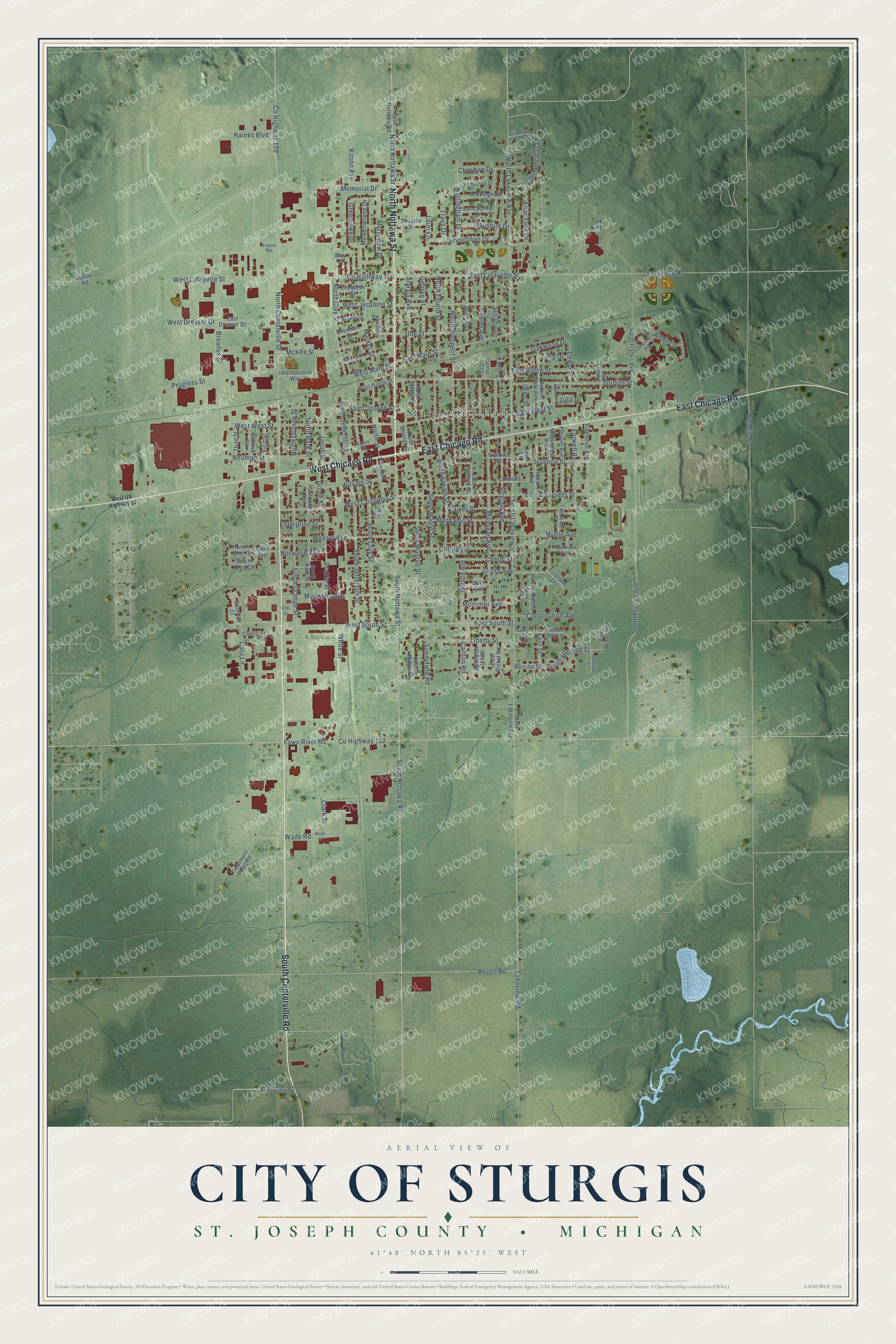 Full map of Sturgis, Michigan, with red buildings, printed street names and the land around them