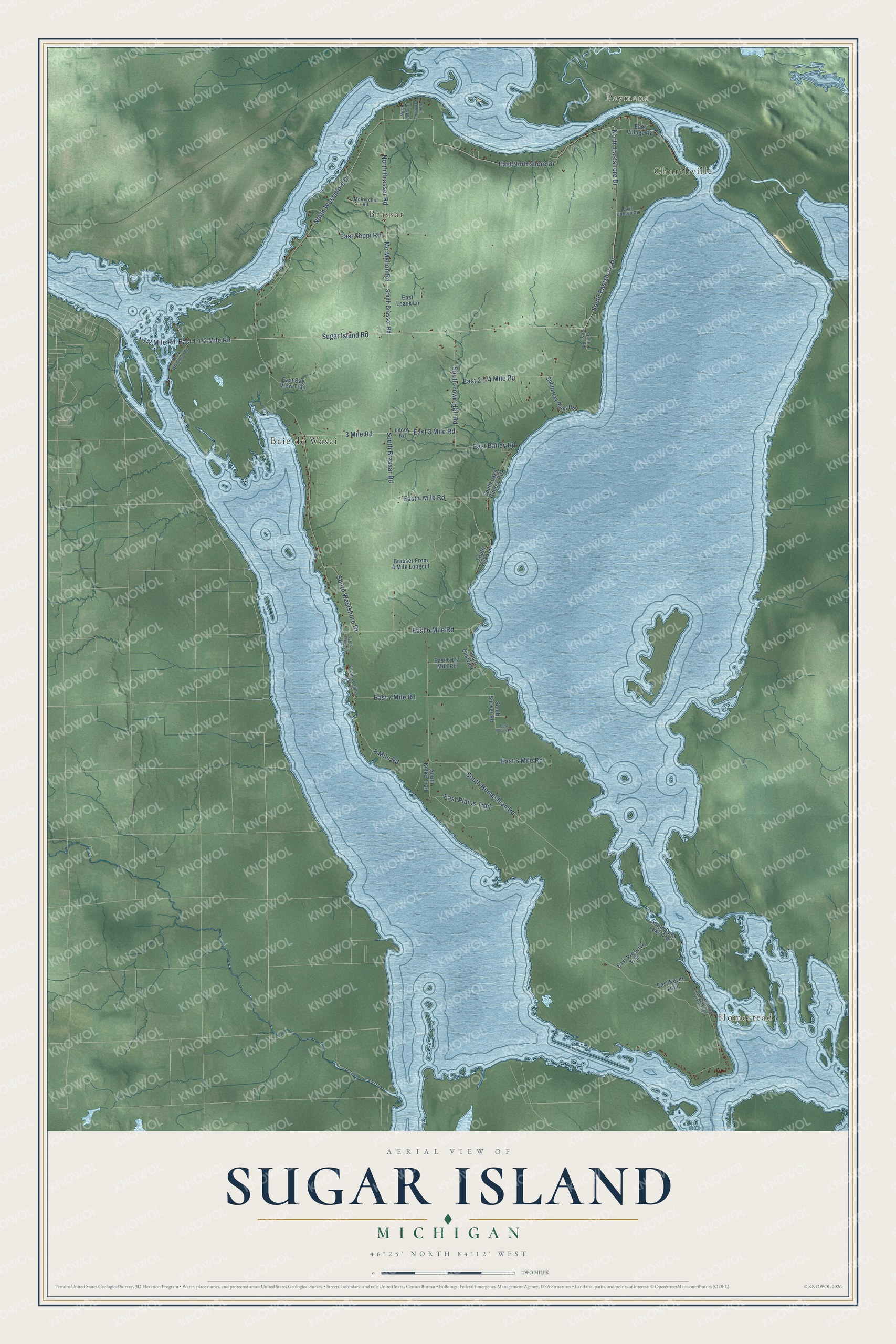 Full map of Sugar Island, Michigan, with red buildings, printed street names and the land around them