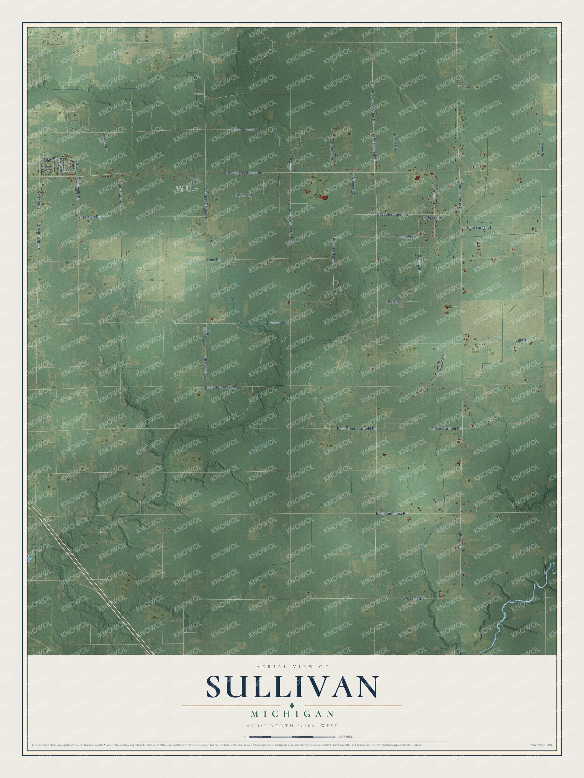 Full map of Sullivan, Michigan, with red buildings, printed street names and the land around them