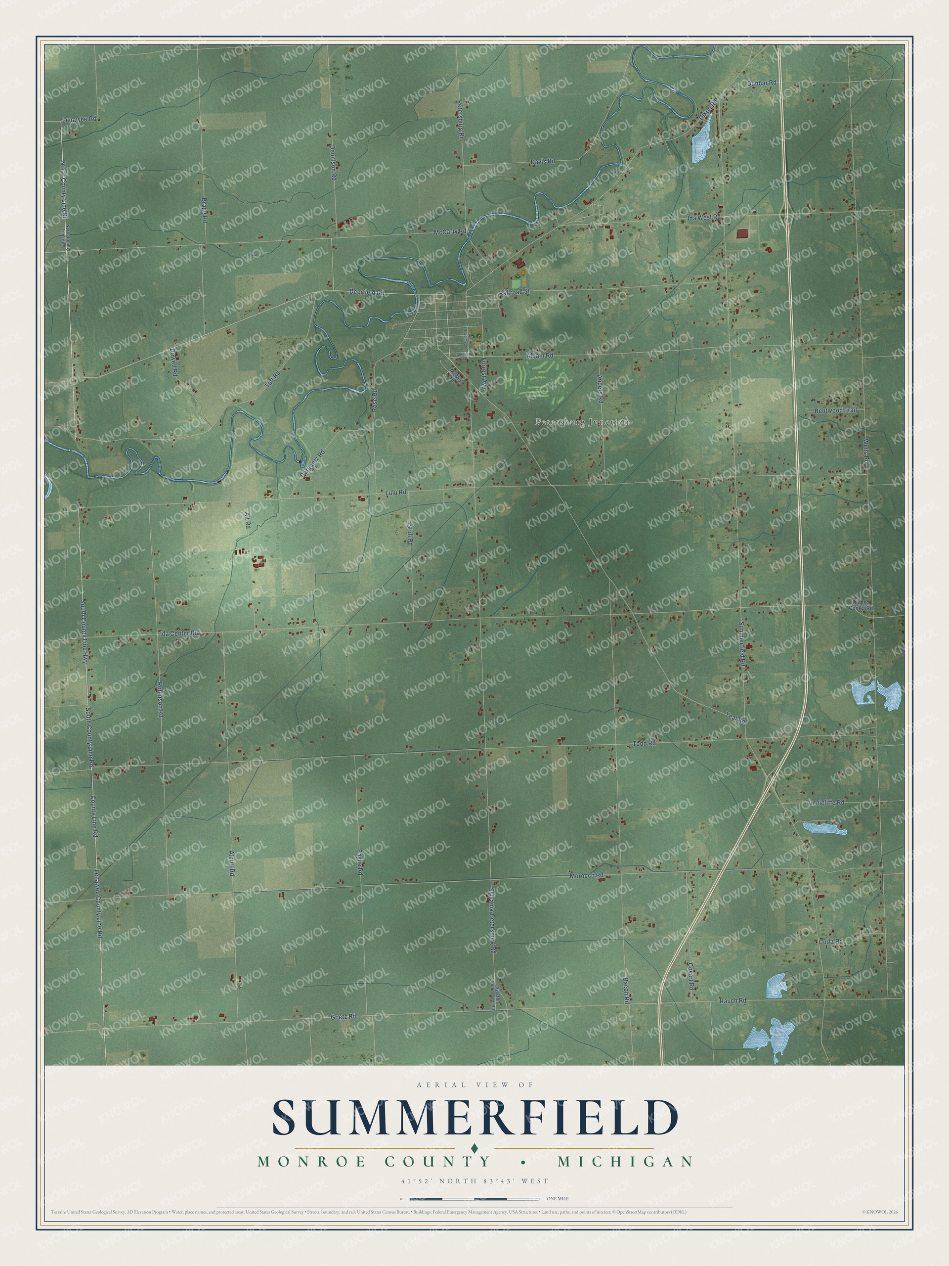 Full map of Summerfield, Michigan, with red buildings, printed street names and the land around them