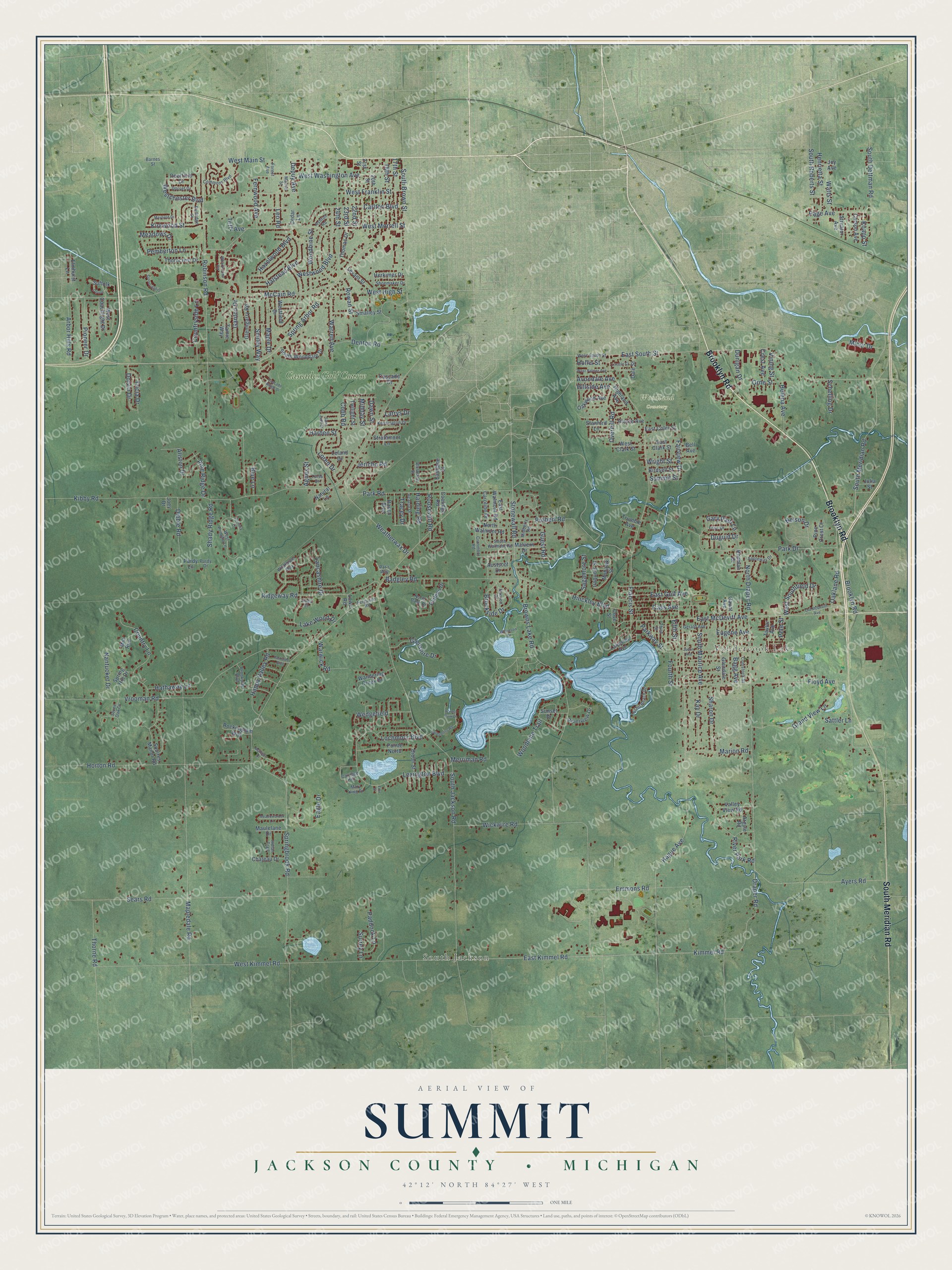 Full map of Summit, Michigan, with red buildings, printed street names and the land around them