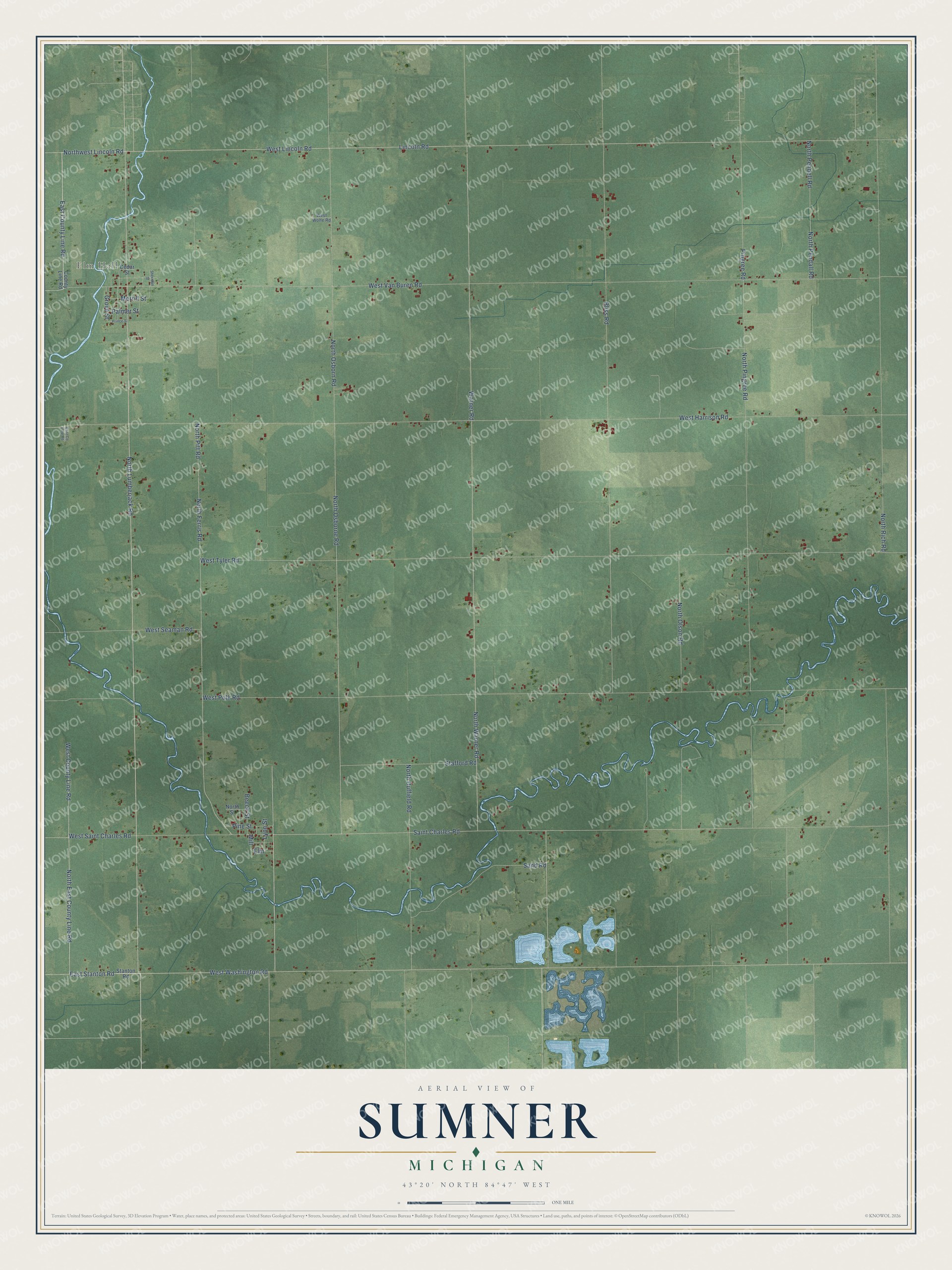 Full map of Sumner, Michigan, with red buildings, printed street names and the land around them