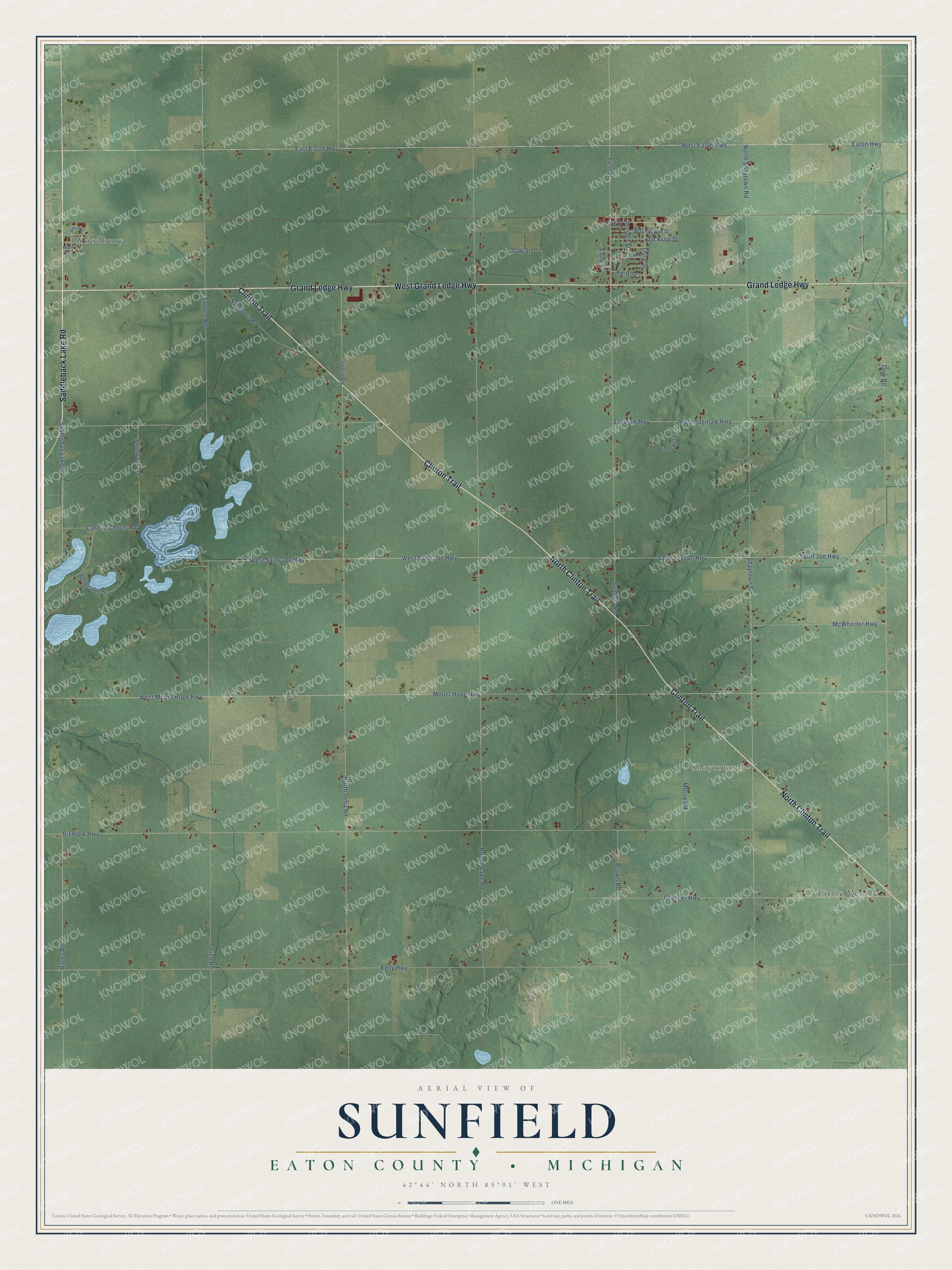 Full map of Sunfield, Michigan, with red buildings, printed street names and the land around them