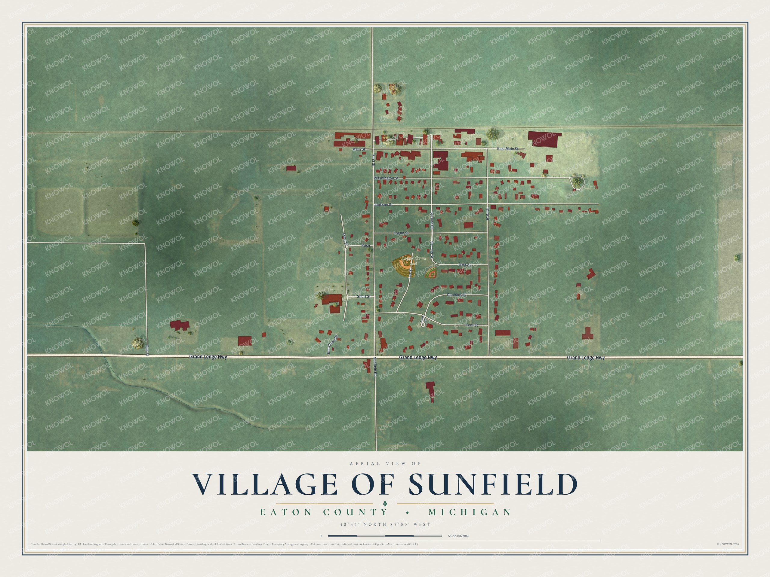 Full map of Sunfield, Michigan, with red buildings, printed street names and the land around them