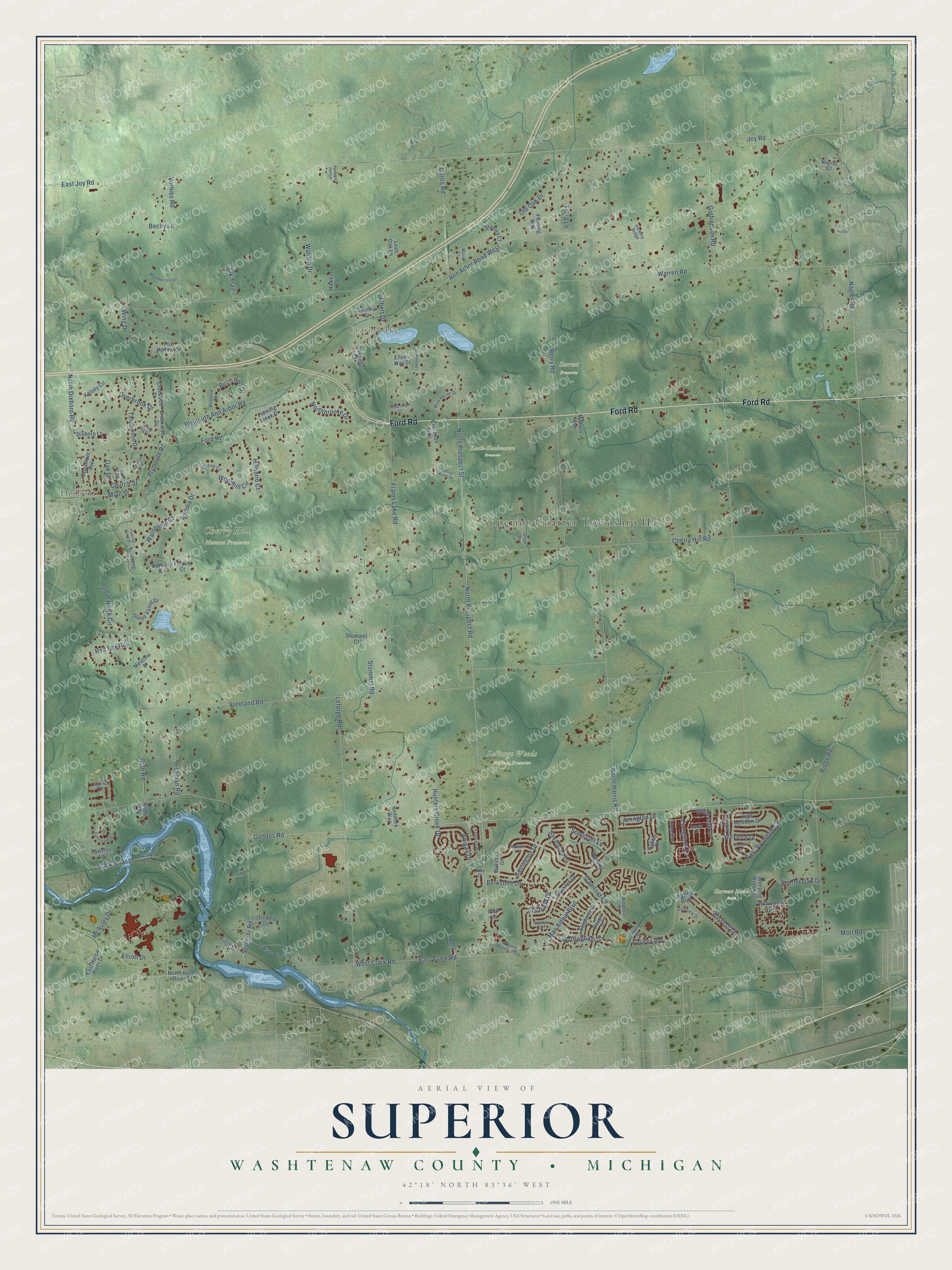 Full map of Superior, Michigan, with red buildings, printed street names and the land around them