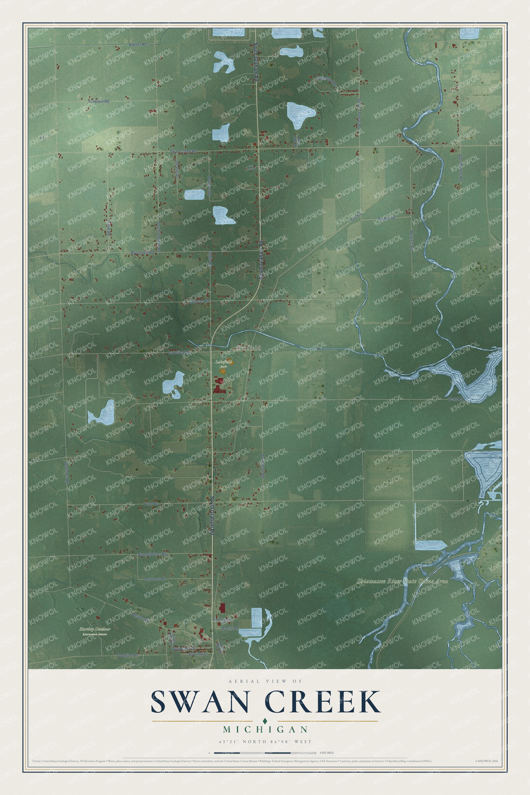 Full map of Swan Creek, Michigan, with red buildings, printed street names and the land around them