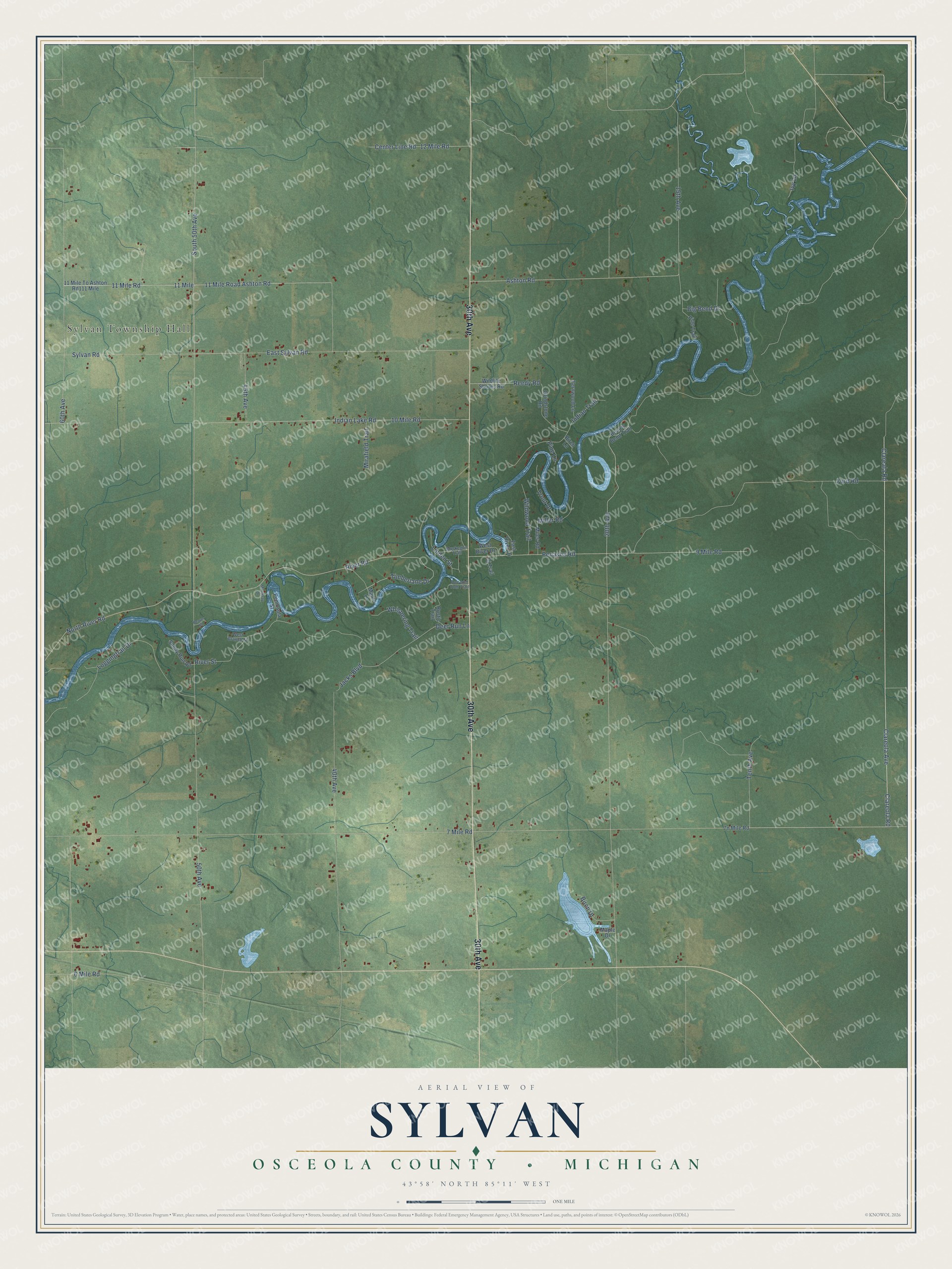 Full map of Sylvan, Michigan, with red buildings, printed street names and the land around them