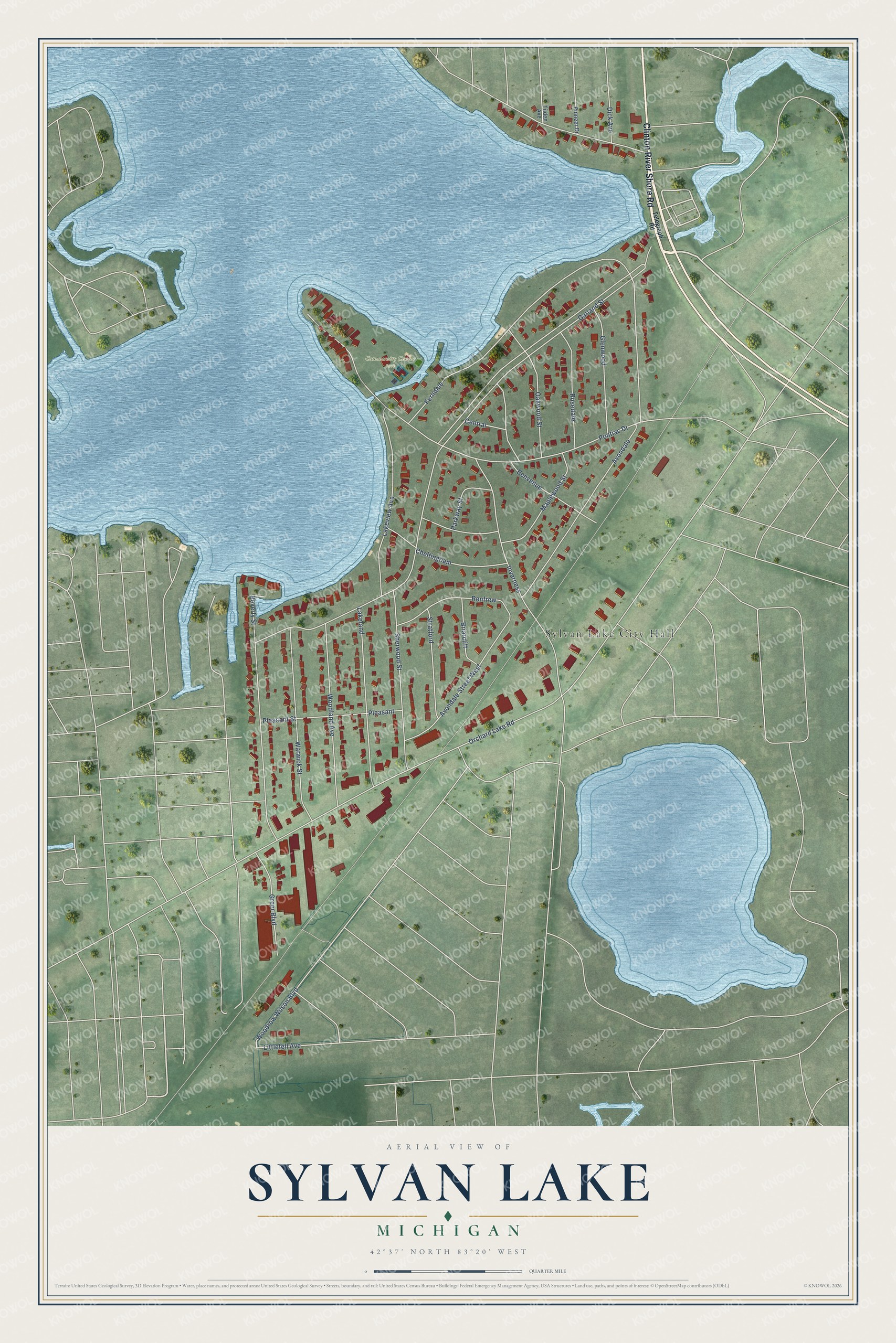 Full map of Sylvan Lake, Michigan, with red buildings, printed street names and the land around them