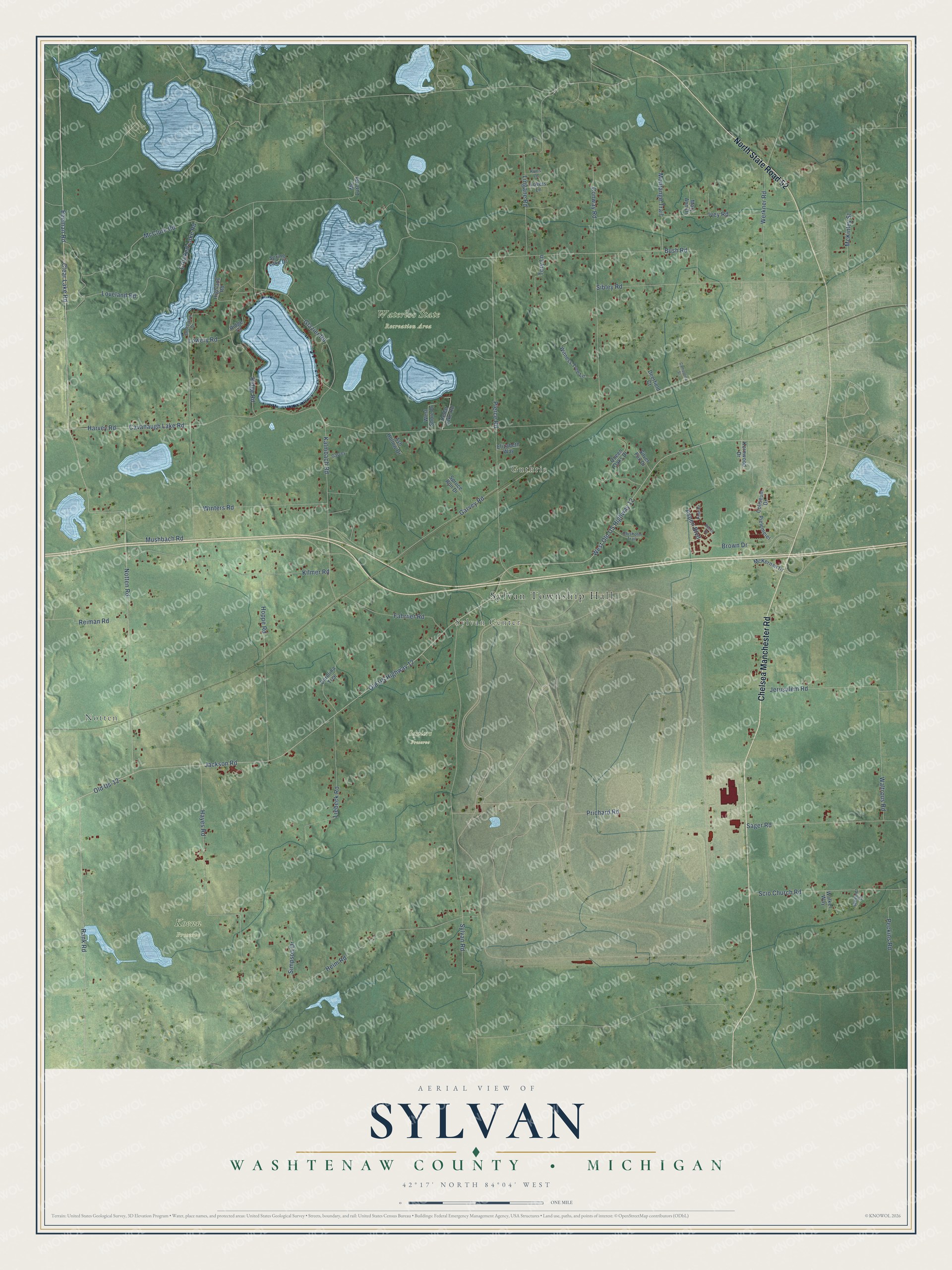 Full map of Sylvan, Michigan, with red buildings, printed street names and the land around them