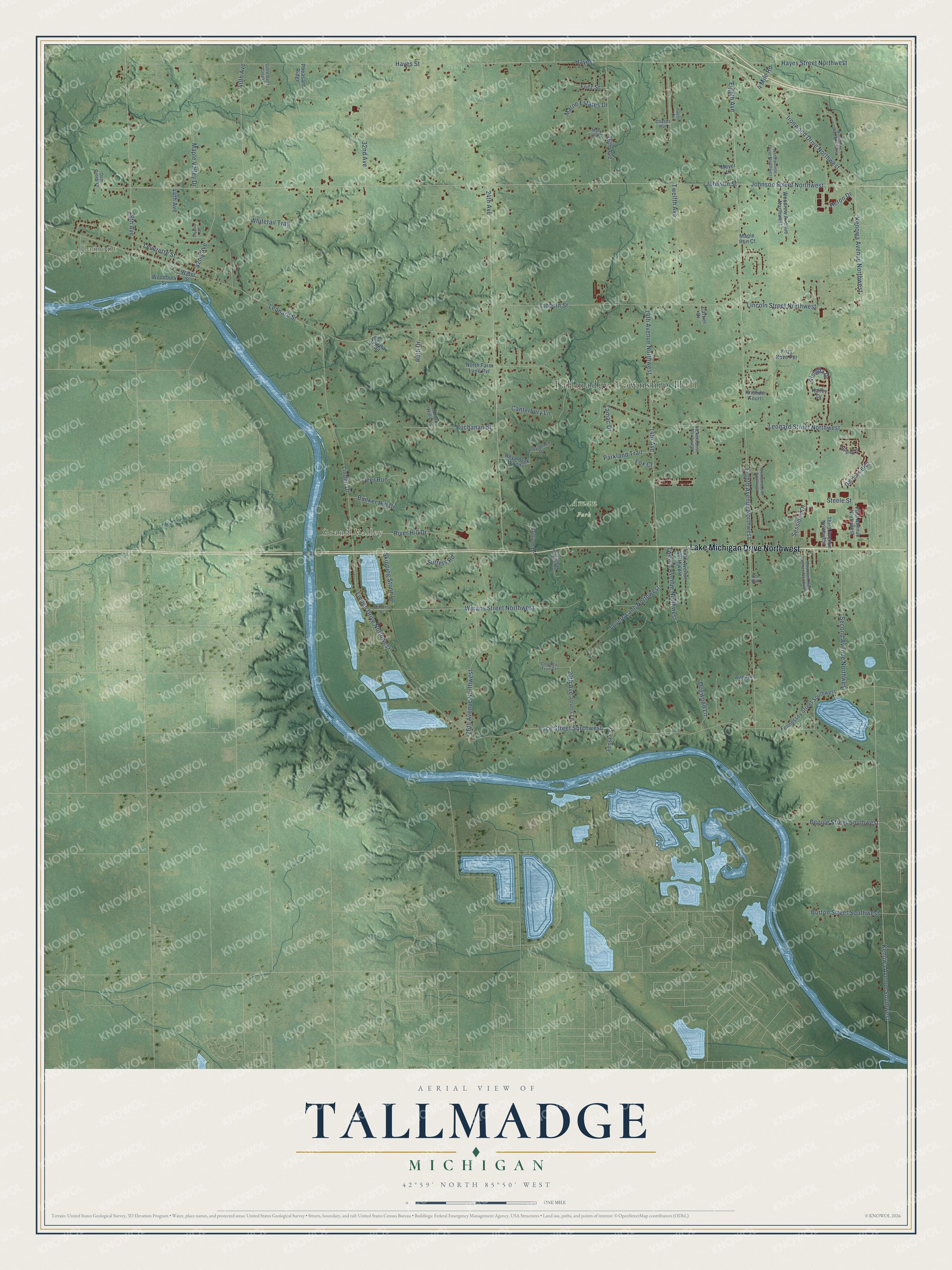 Full map of Tallmadge, Michigan, with red buildings, printed street names and the land around them