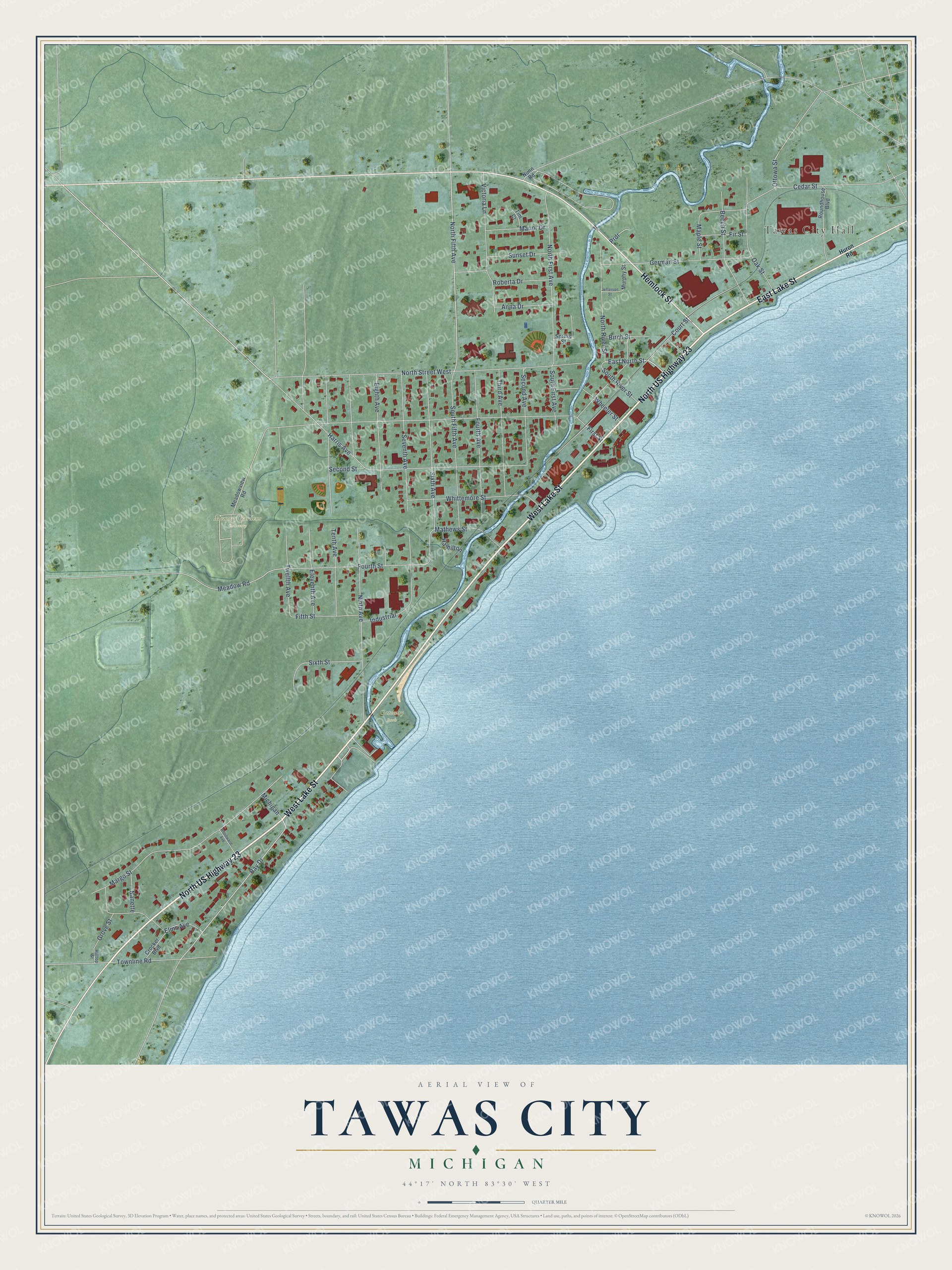 Full map of Tawas City, Michigan, with red buildings, printed street names and the land around them