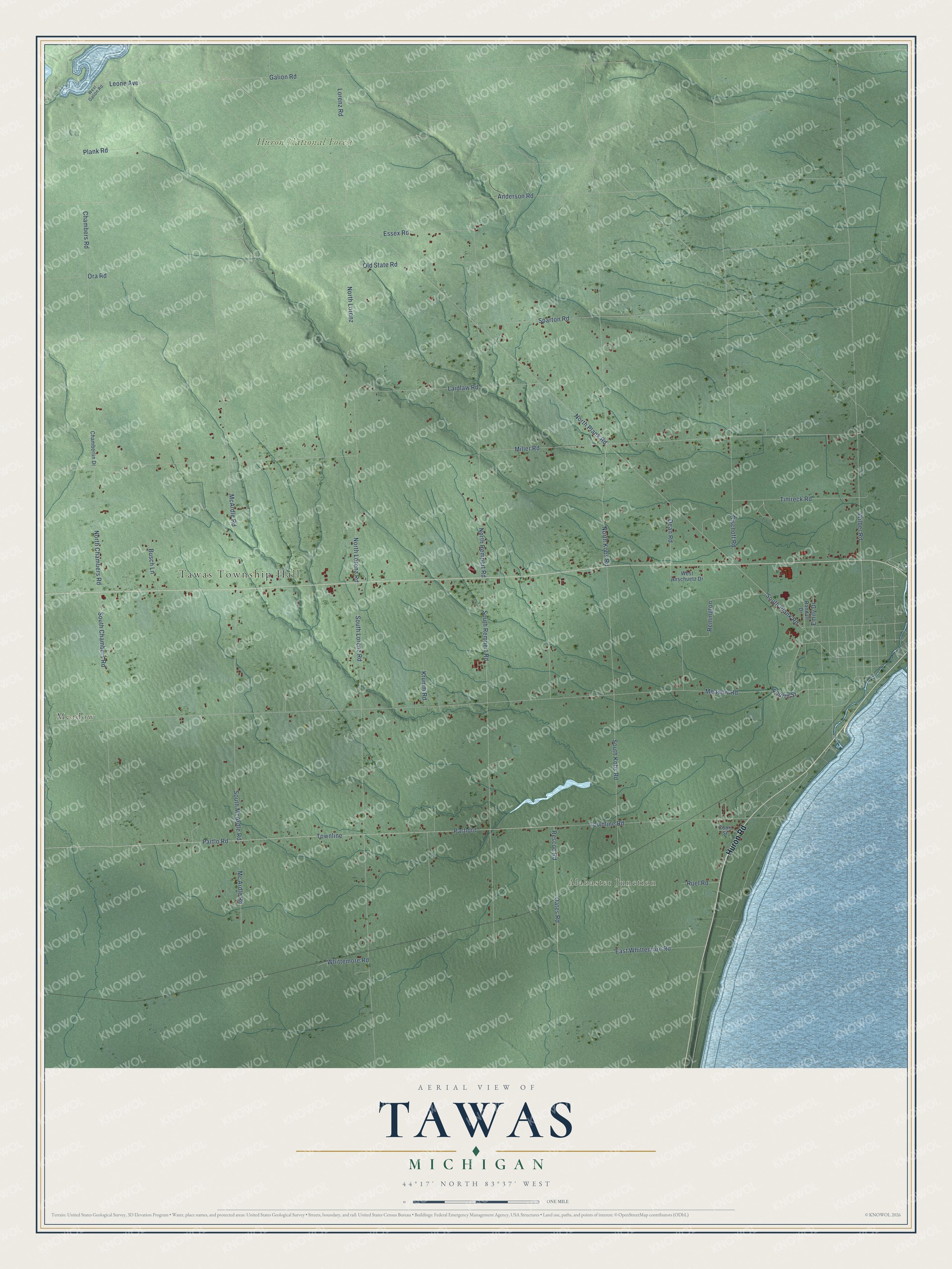 Full map of Tawas, Michigan, with red buildings, printed street names and the land around them