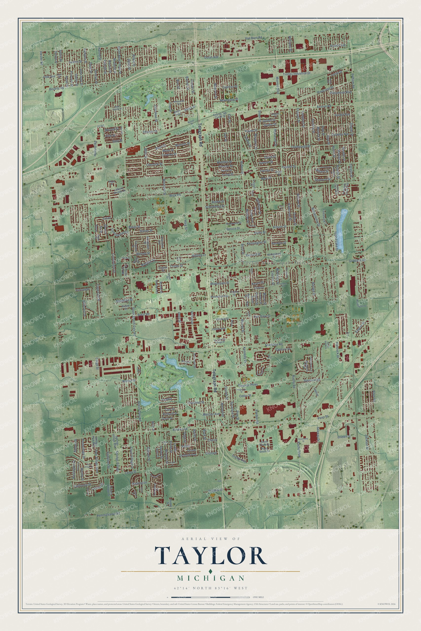 Full map of Taylor, Michigan, with red buildings, printed street names and the land around them