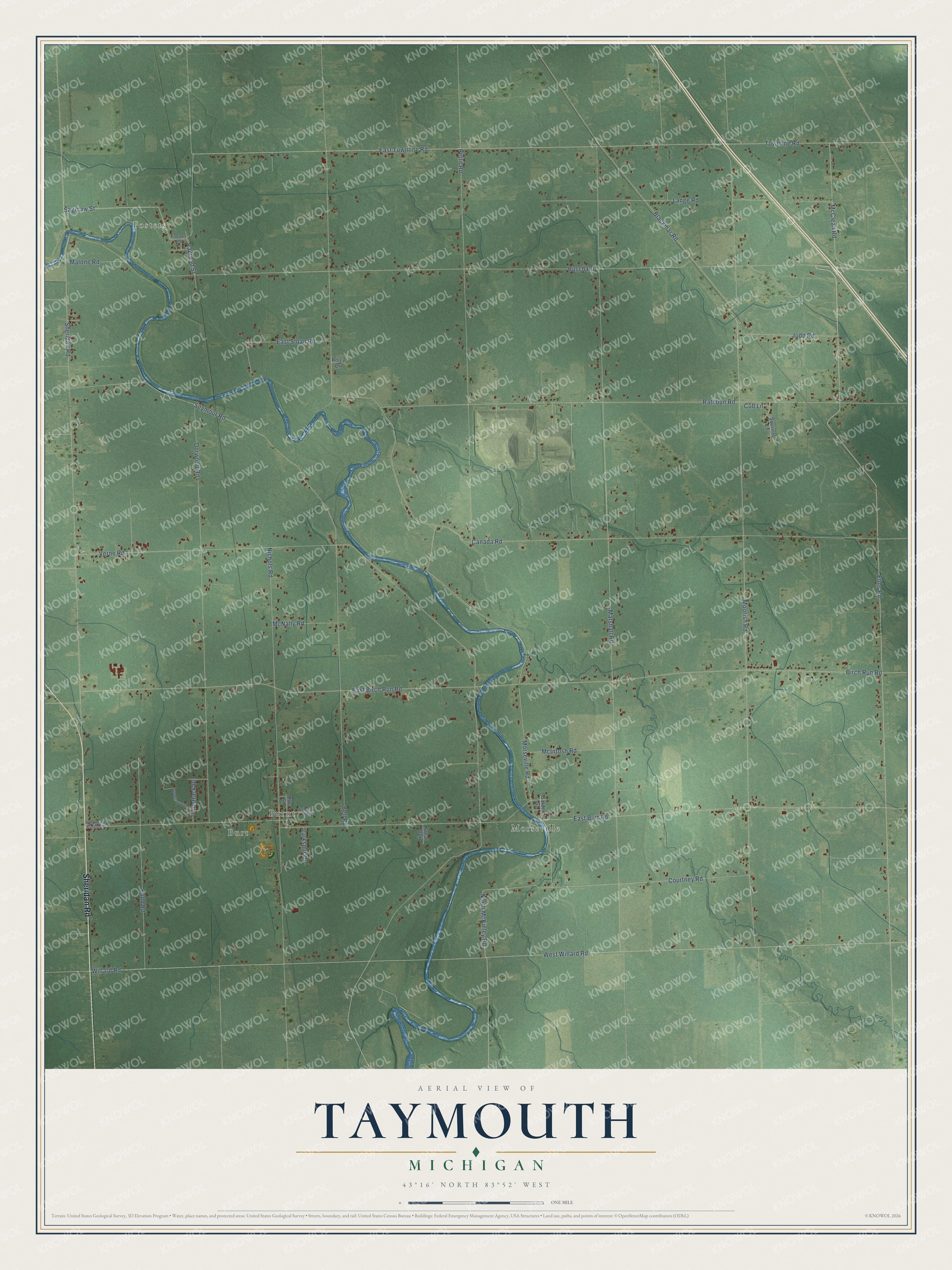Full map of Taymouth, Michigan, with red buildings, printed street names and the land around them