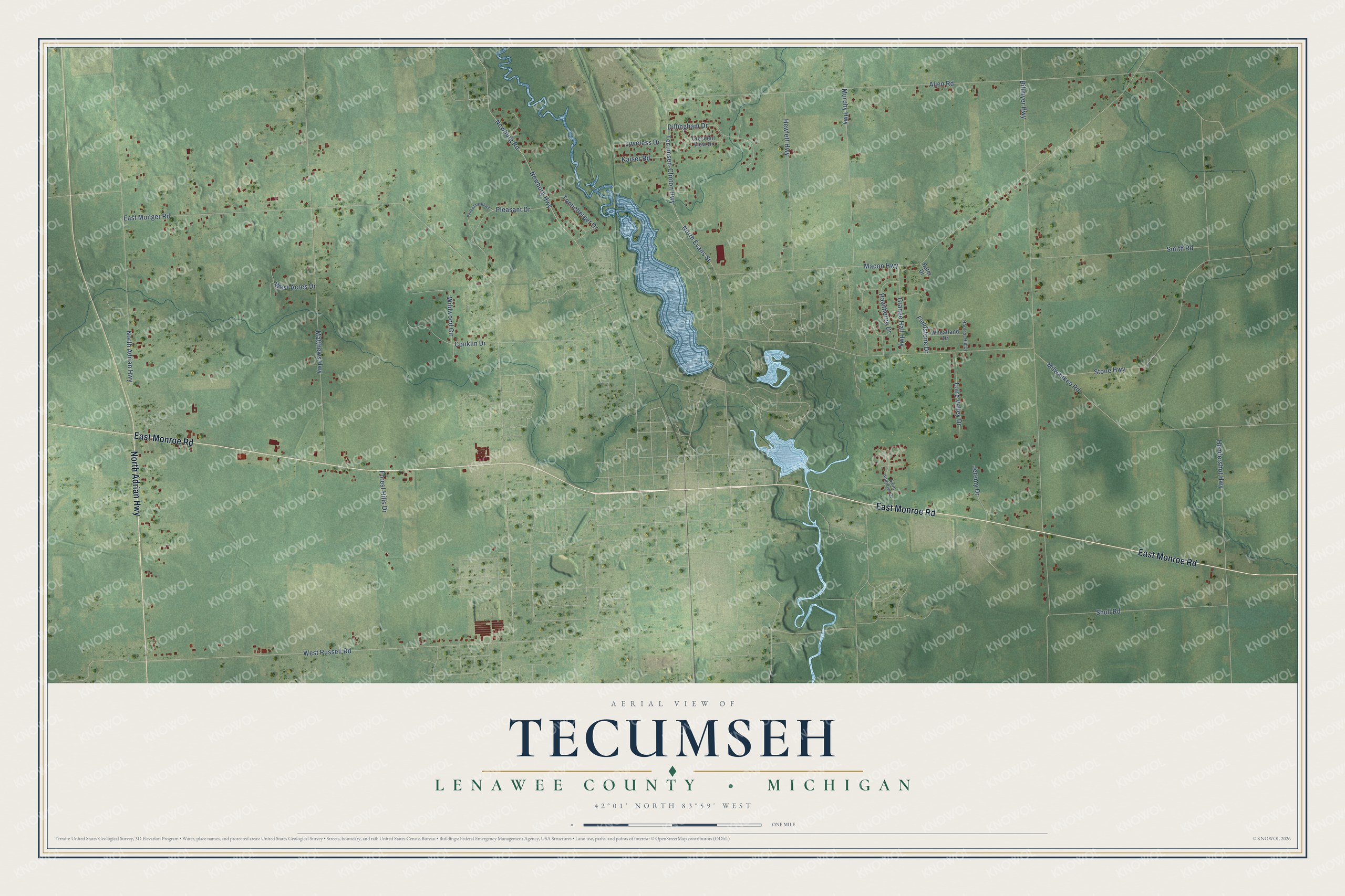 Full map of Tecumseh, Michigan, with red buildings, printed street names and the land around them