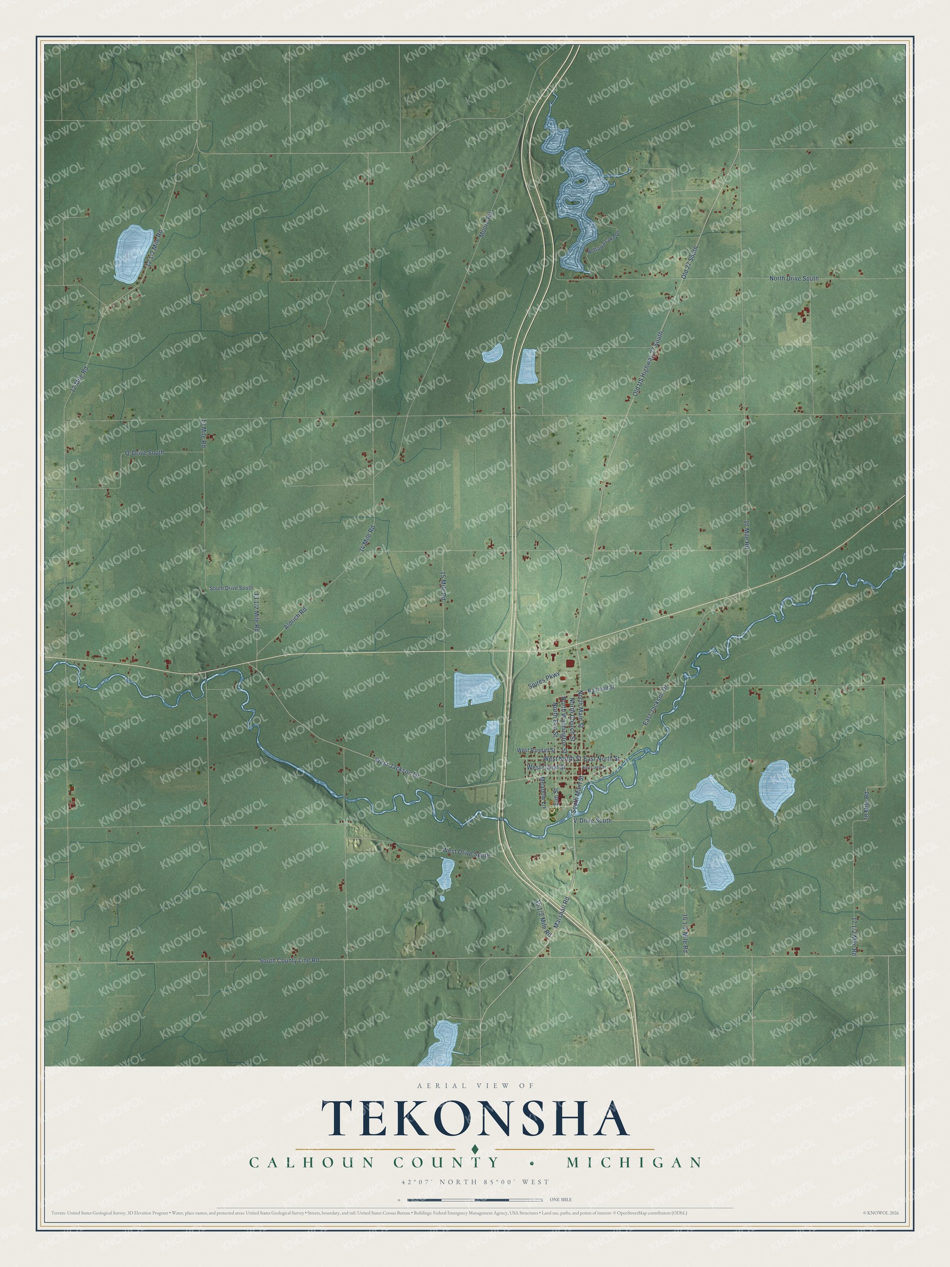 Full map of Tekonsha, Michigan, with red buildings, printed street names and the land around them