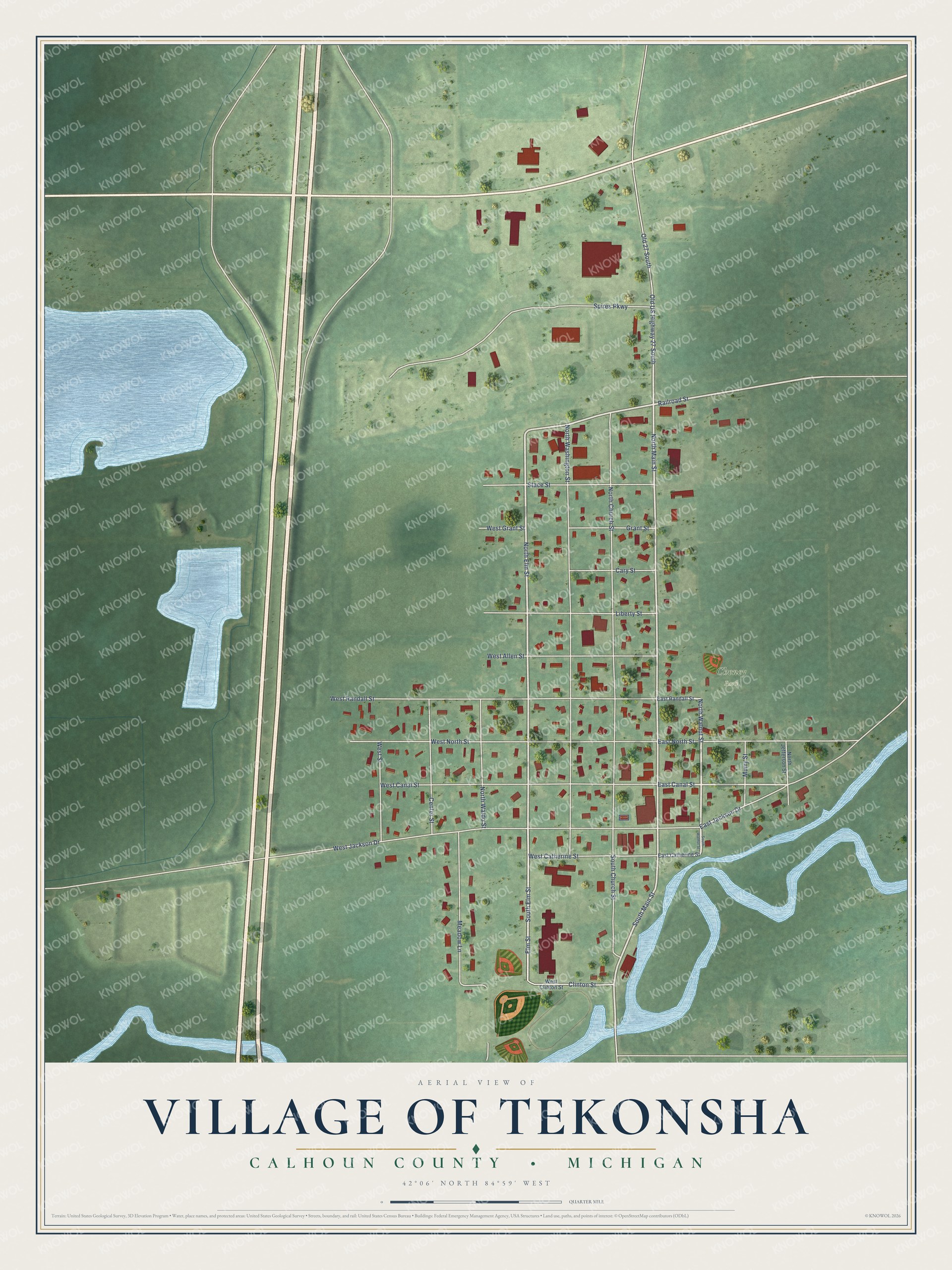 Full map of Tekonsha, Michigan, with red buildings, printed street names and the land around them