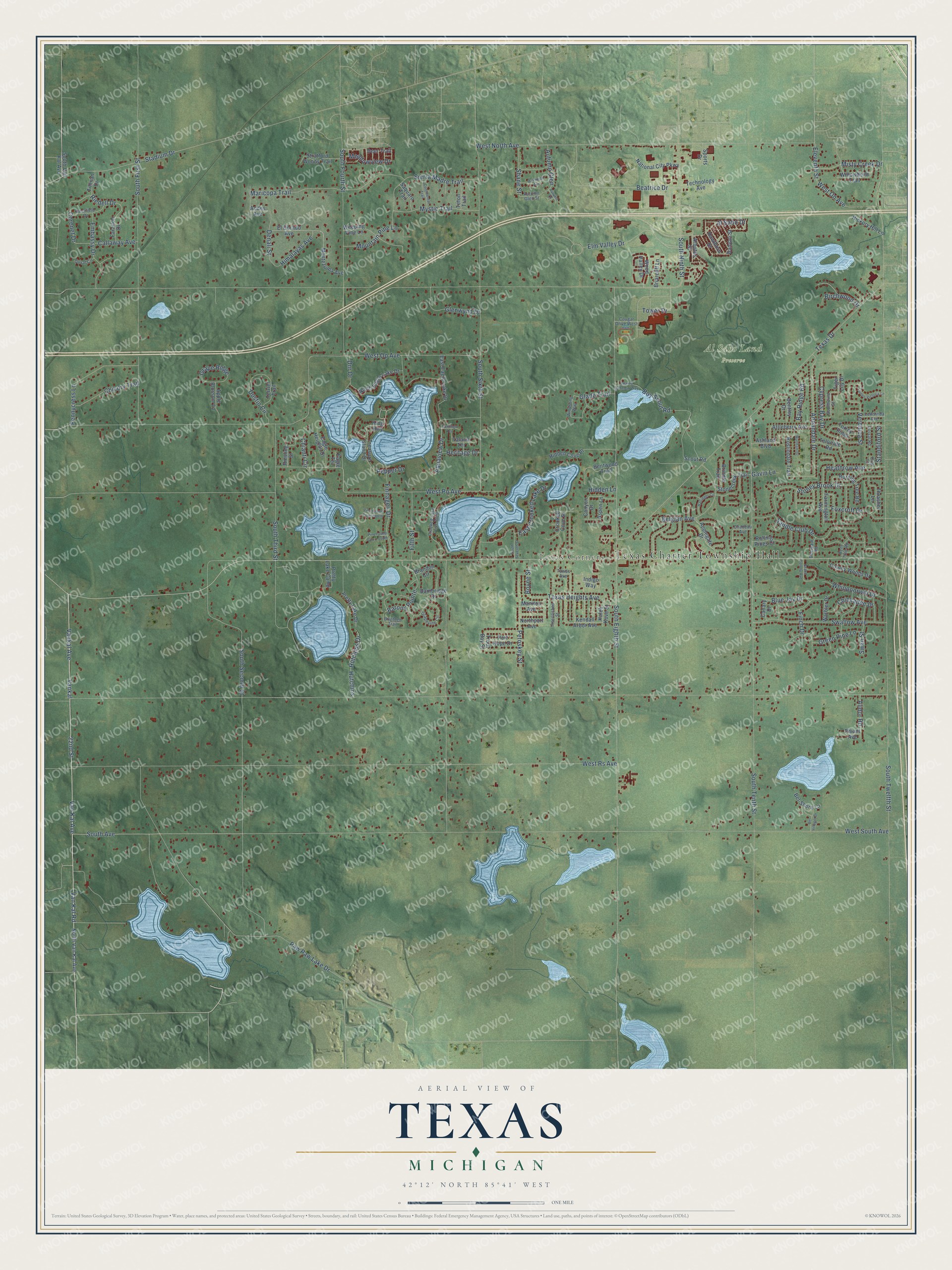 Full map of Texas, Michigan, with red buildings, printed street names and the land around them