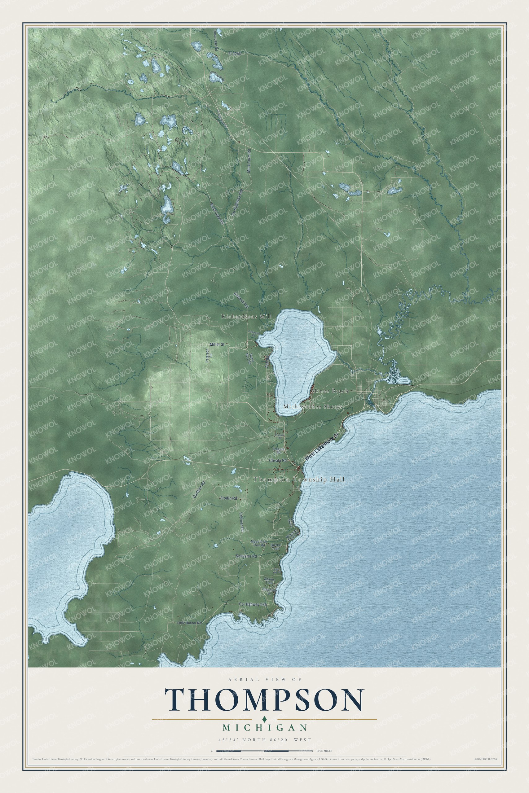Full map of Thompson, Michigan, with red buildings, printed street names and the land around them